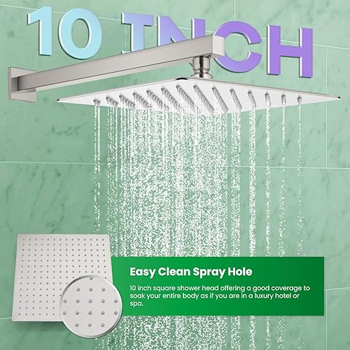 Miniatura 3 de gotonovo - Sistema de ducha de lluvia de 10 pulgadas de níquel cepillado de lujo, cabezal de ducha de alta presión, juego de grifo de ducha de mano