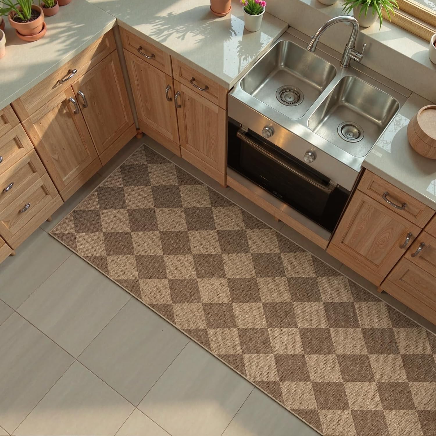 Lanffia Checkered Easy Jute 2x8 Runner Rug, Washable Runner Rug for Kitchen, Nature Indoor Outdoor Runner Rugs for Hallway 8ft Non Slip, Checkerboard Front Door Carpet for Laundry Entryway - Image 2