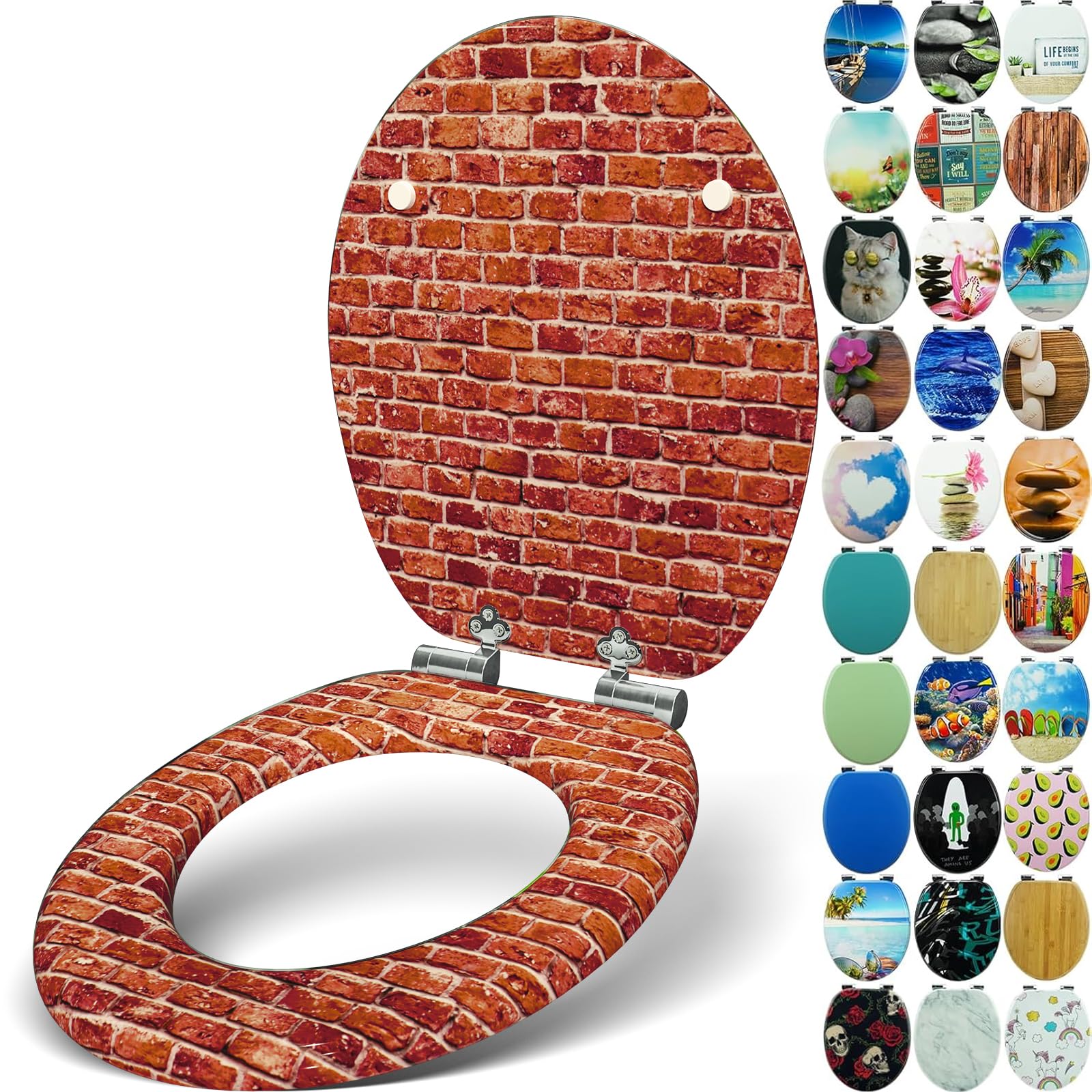 Sanfino® Premium Toilet Seat with Soft Close - Wooden Toilet Lid, lots of colourful and decorative designs, high seating comfort, easy to install including instructions - "Bricks" — image 1