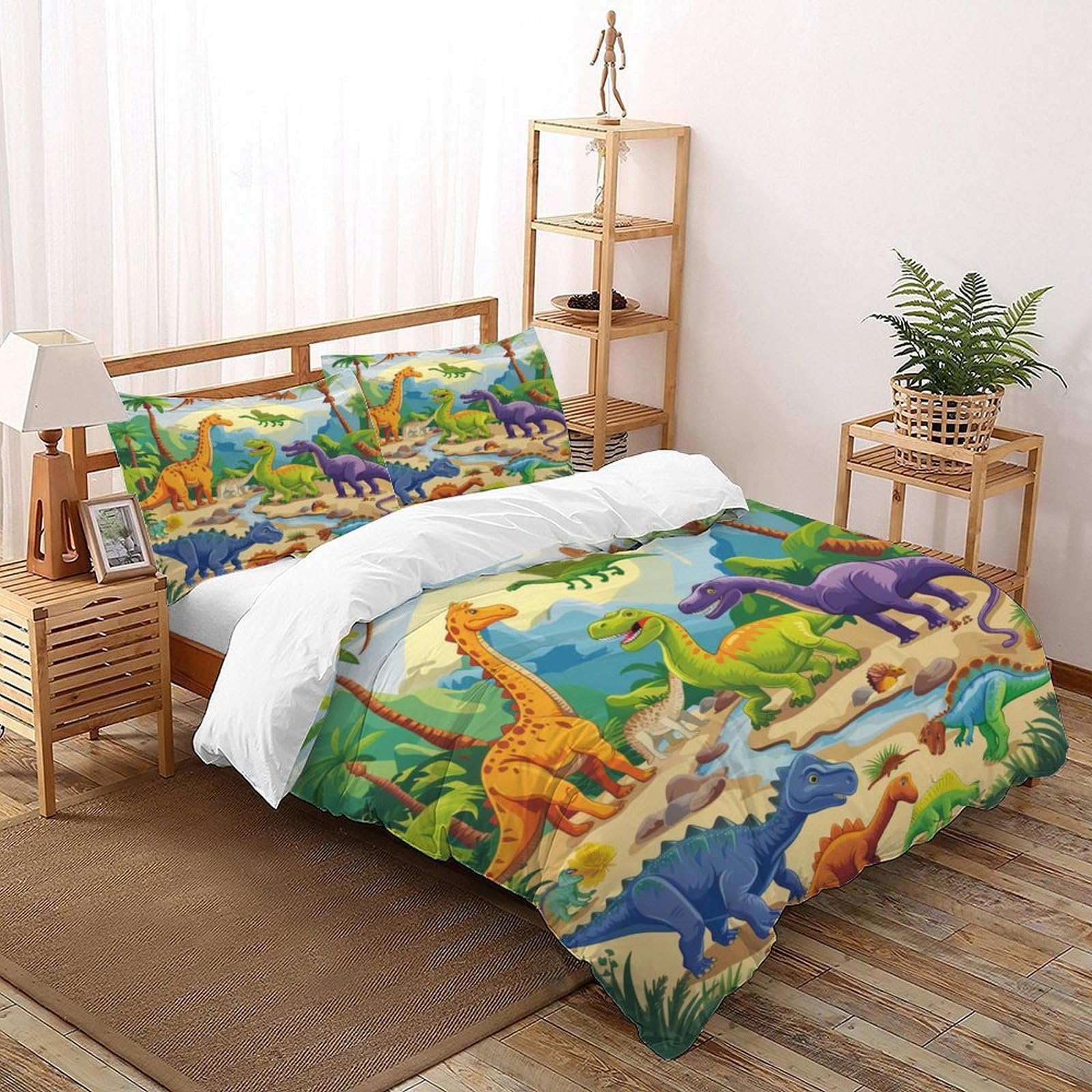 Housse de couette dinosaure 200x200 cm avec taie d'oreiller pour lit double