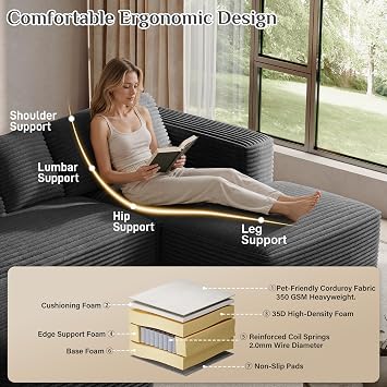 ONEMMLION 105 Oversized Cloud Boneless Couch Modular Sofas, Dark Grey
