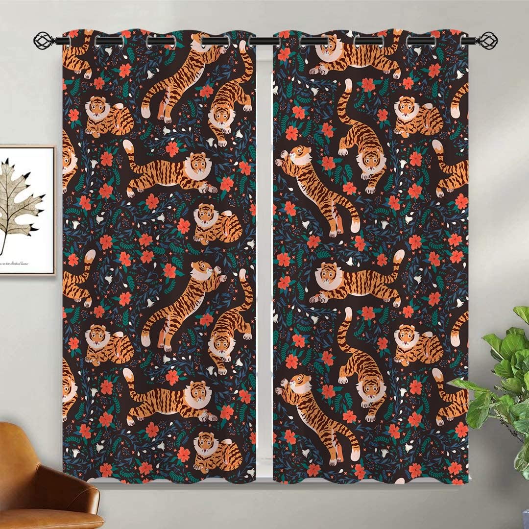 Tigers Blackout Curtains for Girls Boy Home Decor, Cute Animal Flower Cat Tiger Grommet Thermal Insulated Drapes Darkening Window Curtain for Bedroom Living Room, 42 x 45 Inch