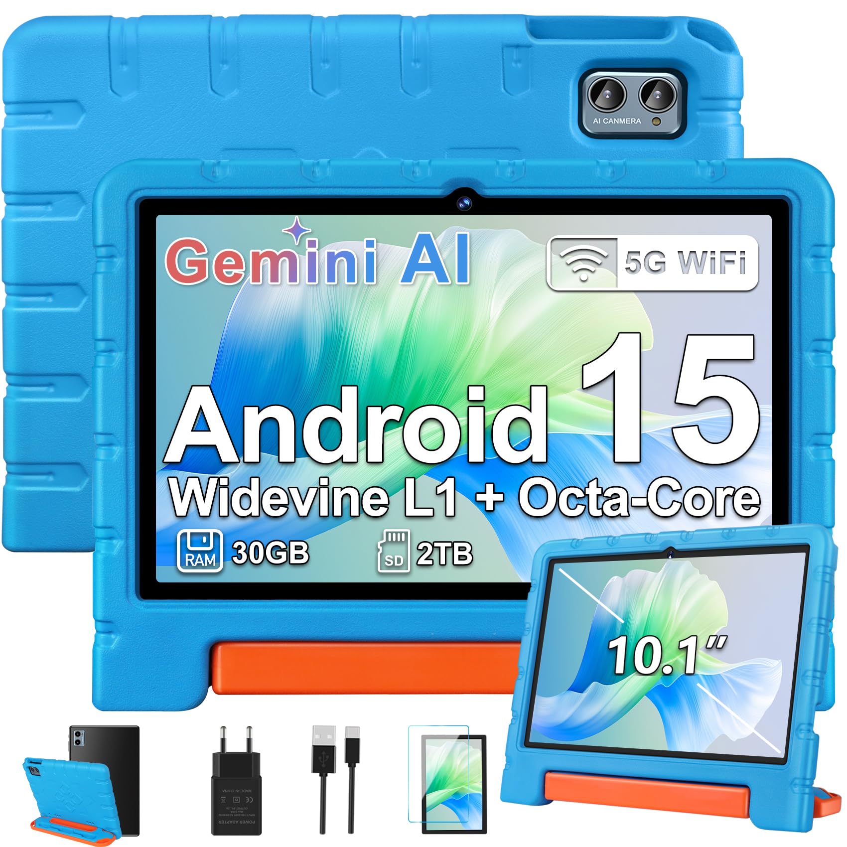 Ziovo Tablette Enfants Android 15 Tablette 10 Pouces, 30Go RAM + 64Go ROM (TF 2To), Gemini AI, 5G WiFi/Octa-Core/Widevine L1/Face ID/Contrôle Parental/6000 mAh/BT 5.0, Tablette avec étui EVA - Bleu