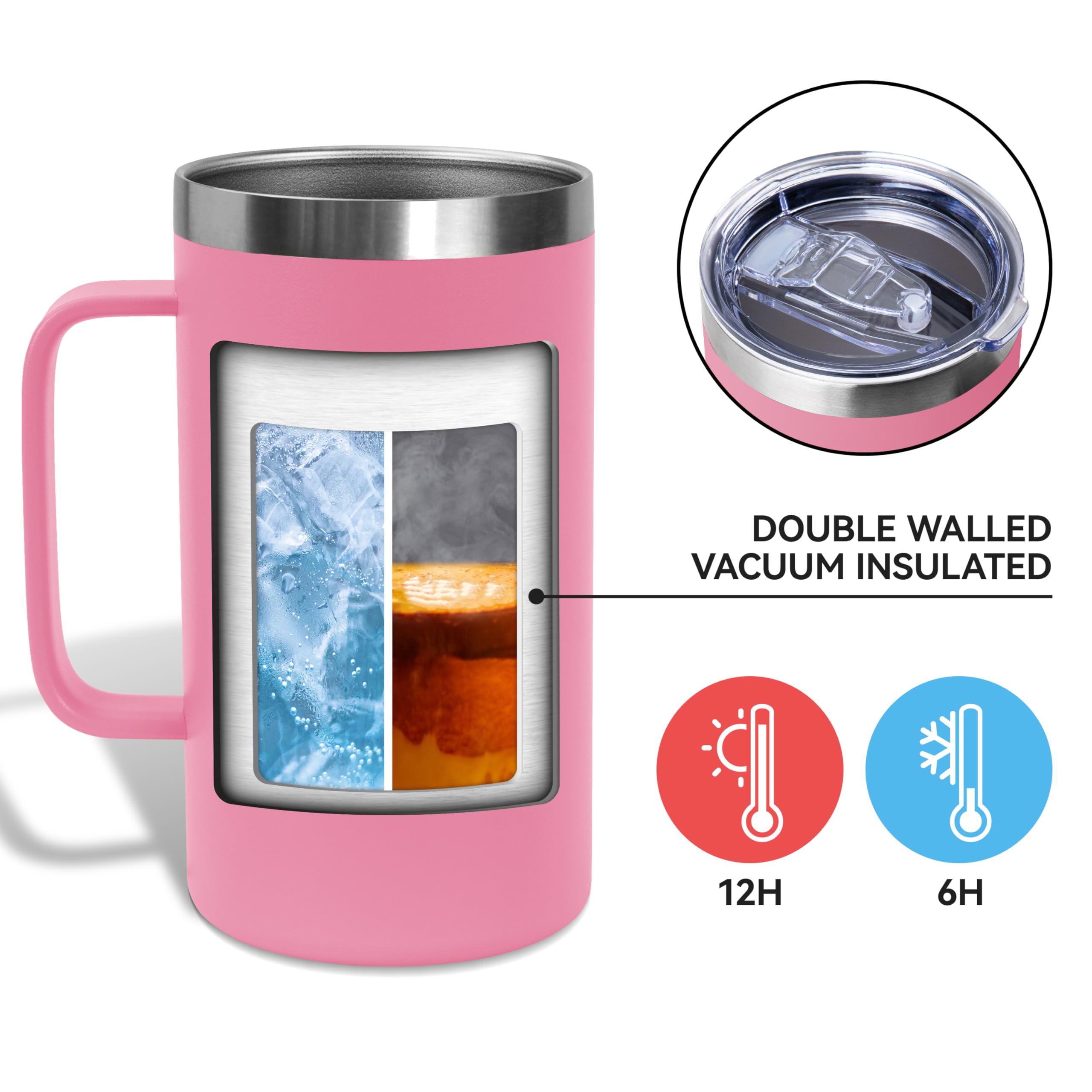 DOMICARE Taza de café de acero inoxidable de 24 onzas con asa y tapa, taza de viaje con asa, vaso de café al vacío de doble pared, taza aislada reutilizable, rosa, paquete de 8
