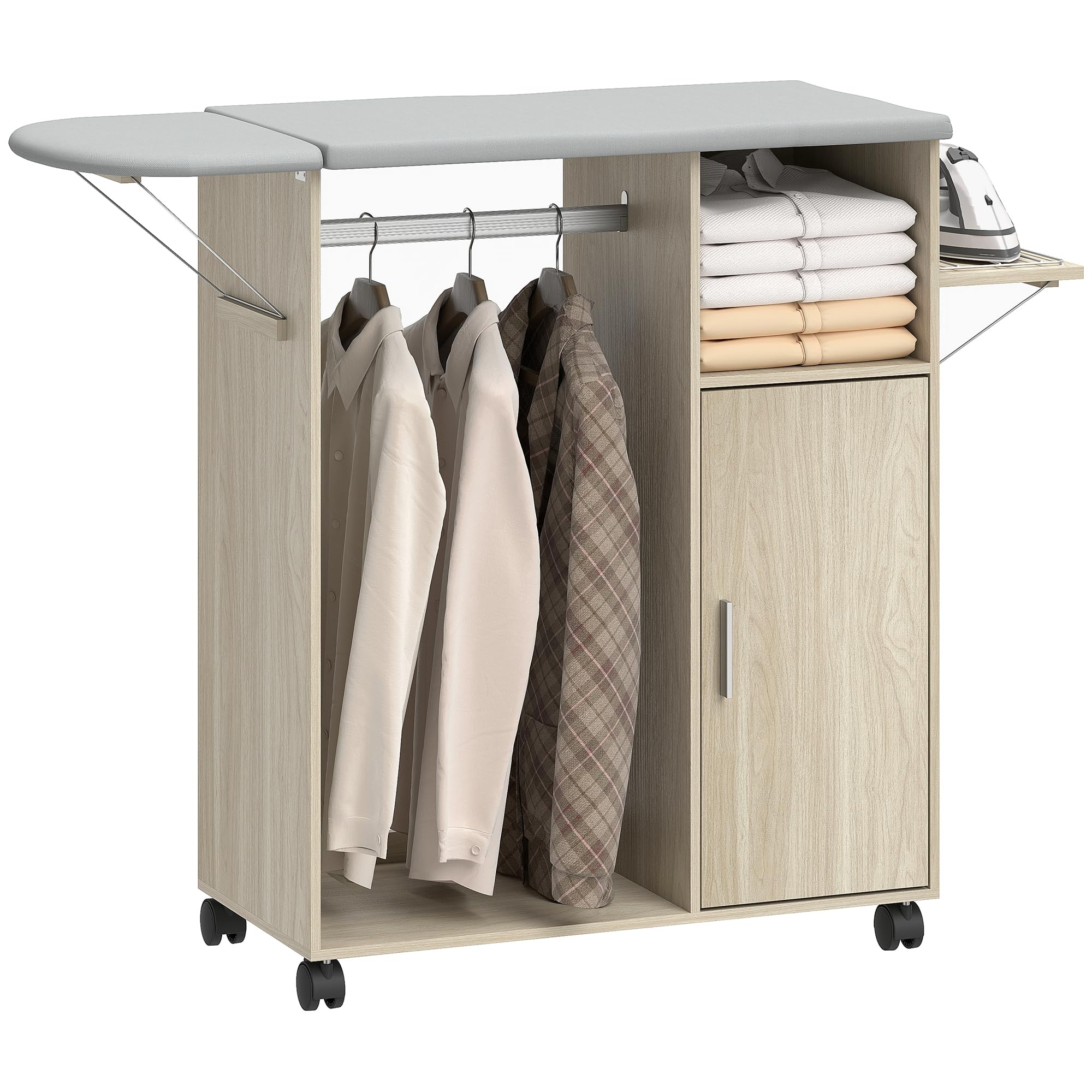 HOMCOM Table à Repasser Pliable avec roulettes à Frein et Porte-Fer à Repasser, Meuble à Repasser Multifonctionnel avec Barre à cintres, étagères réglables, pour buanderie, Salle de Bain, 127 x 42,5