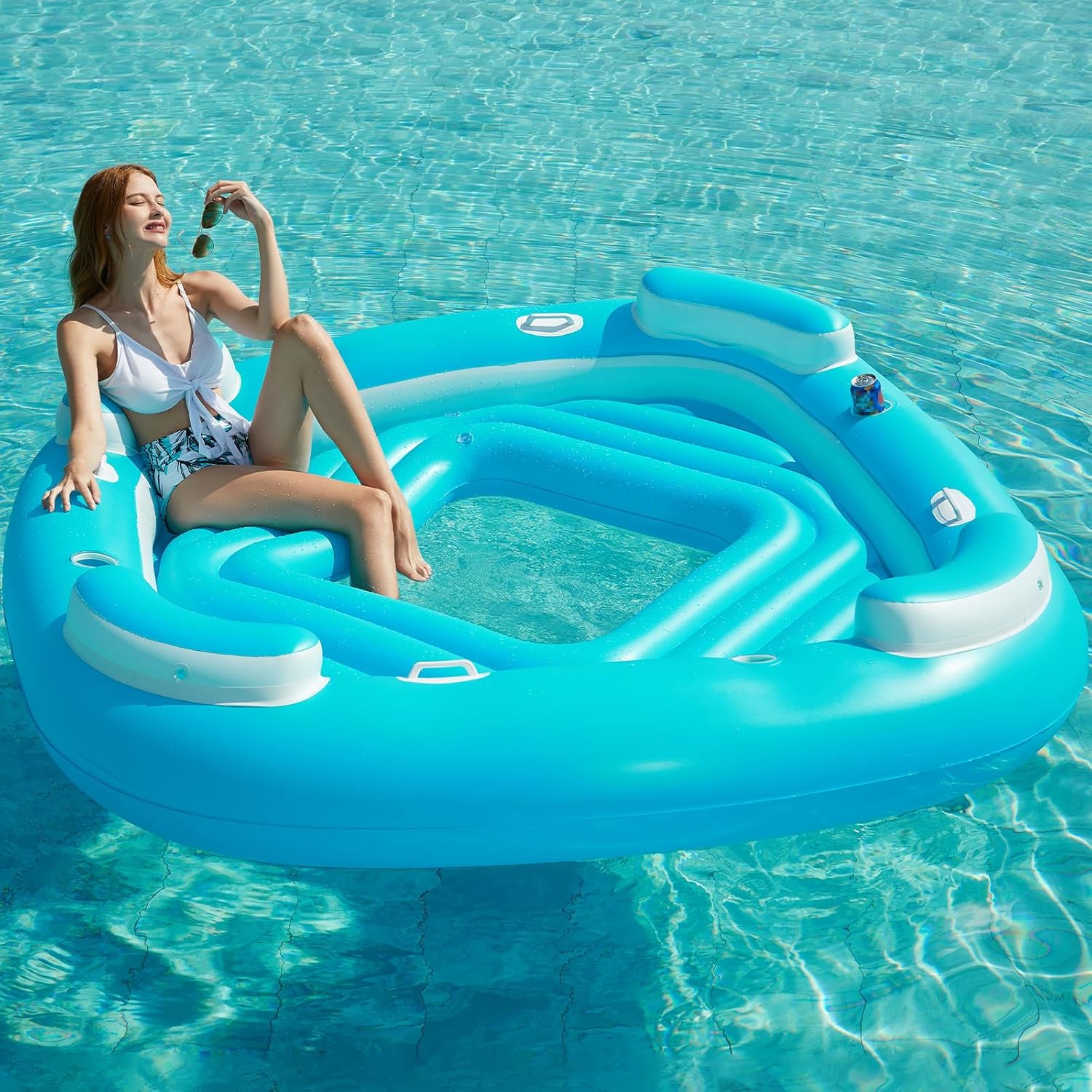 Jasonwell Floating Island Pool Float - Giant Inflatable Multi Person Pool Party Floats Swimming Pool Lounger Raft with Cup Holders Lake Floaties Beach Relaxation Water Float for Adults (Blue, XL)
