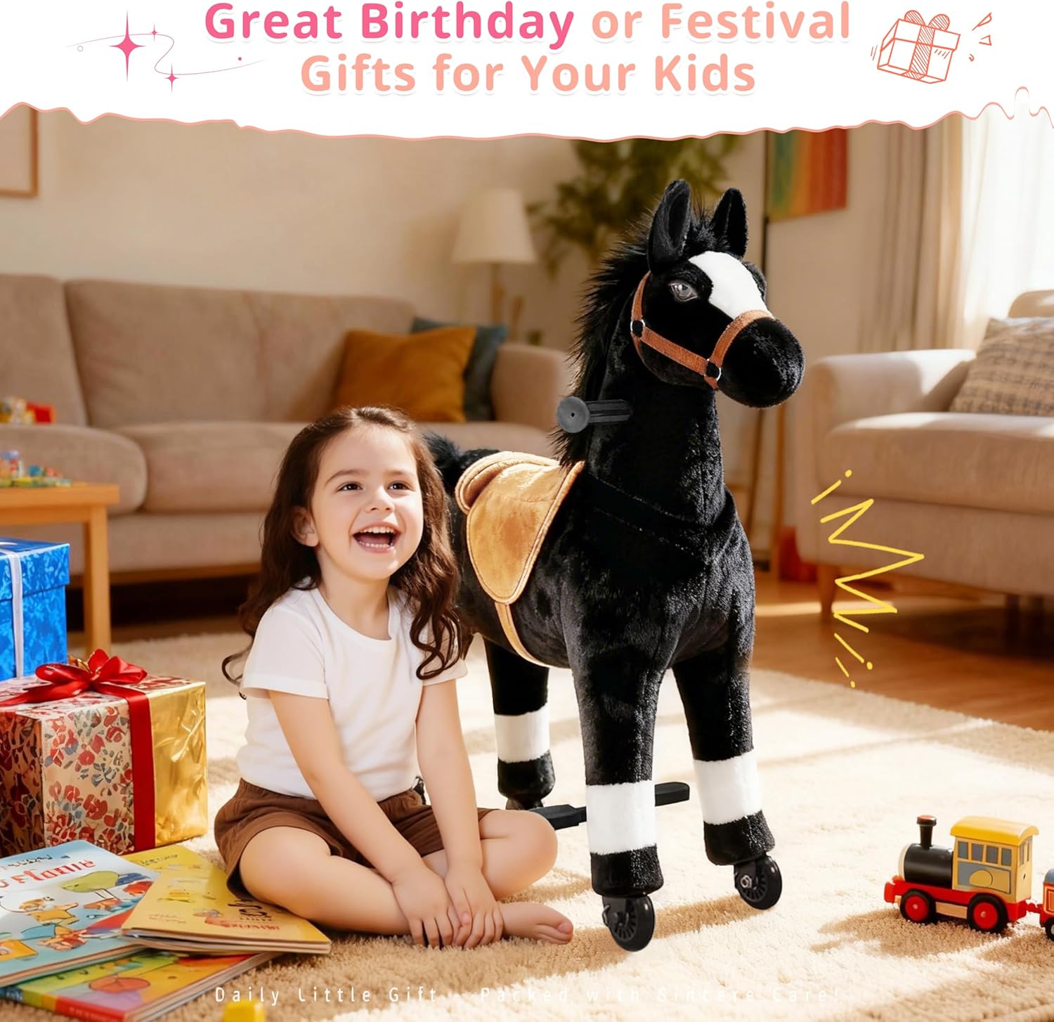 Pipleo Ride on Horse for Kids, (42.5'' Height) Horse Ride on Toy, Riding Horse Rider Mechanical Walking Action Plush Animal for 6 Years Old to Adult, No Battery or Electricity, Max Load 187 LBS - BK