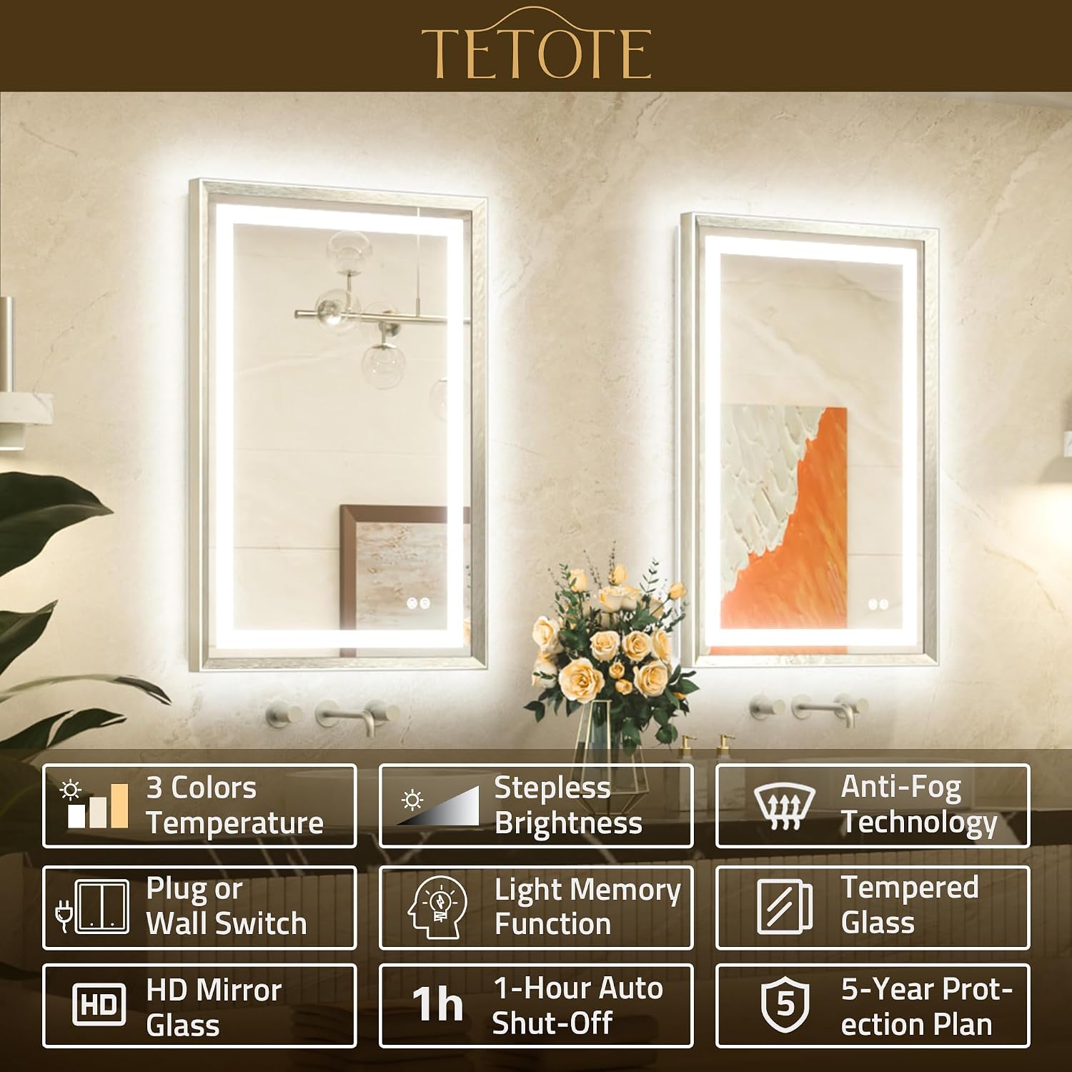 TETOTE 22 x 30 Bathroom LED Mirror Brushed Nickel Metal Frame Frontlit & Backlit Vanity Mirror Anti-Fog Stepless Dimmable 3 Colors White/Warm/Natural Mirror with Lights Wall-Mounted image 2