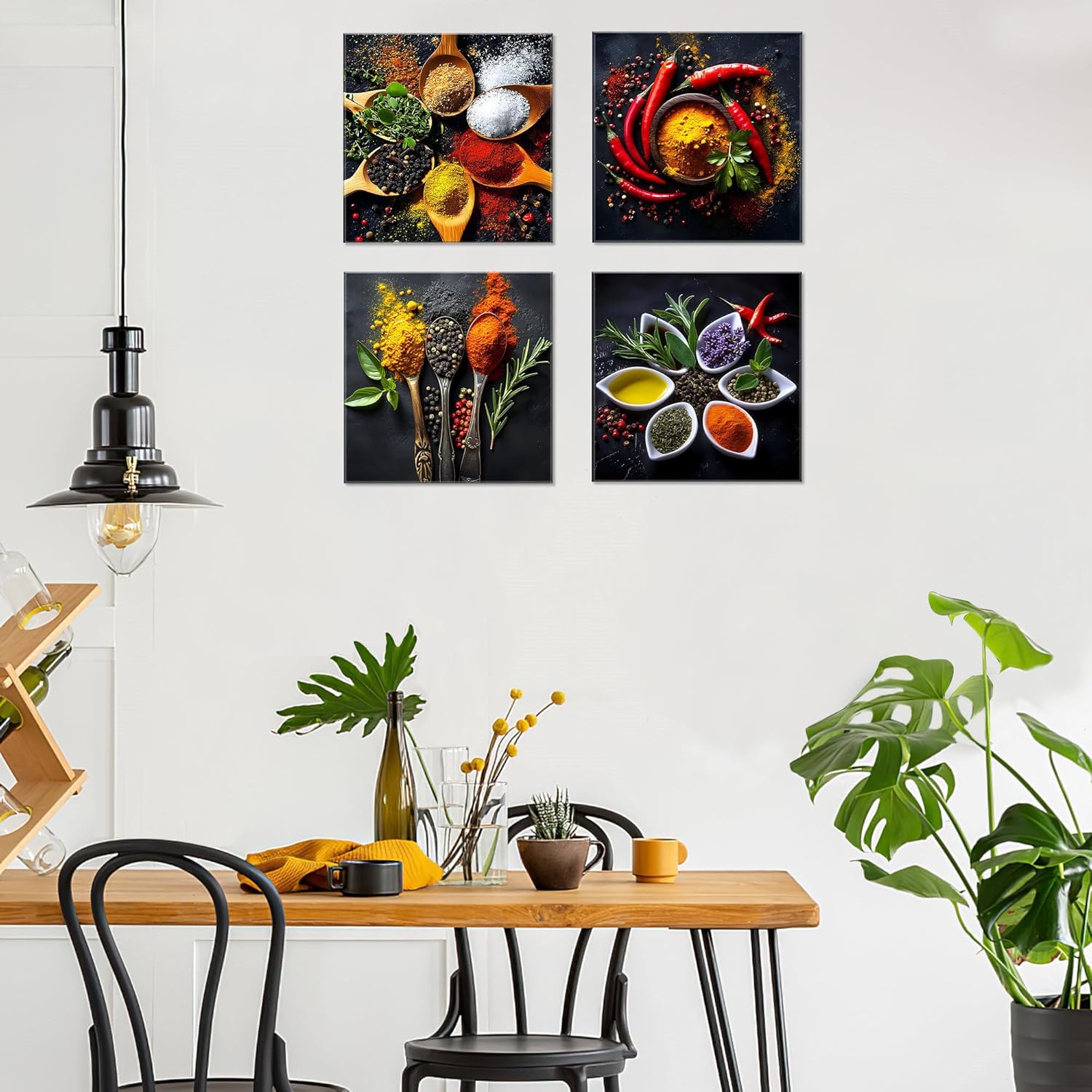 Deveosa Kitchen Wall Art Decor - 4 Pieces Colorful Spices And Spoon Kitchen Artwork Frames Food Wall Art Pictures Canvas Dining Room Modern Decorations