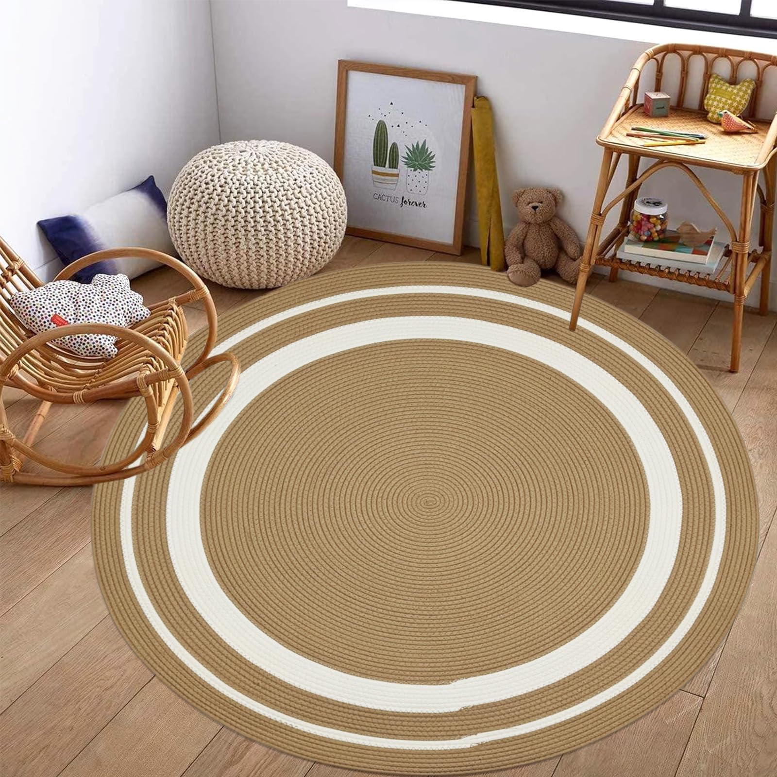 USTIDE Tapis tressé en coton tressé rond beige naturel bohème vintage pour terrasse, chambre à coucher, salon, entrée, rond, 120 cm