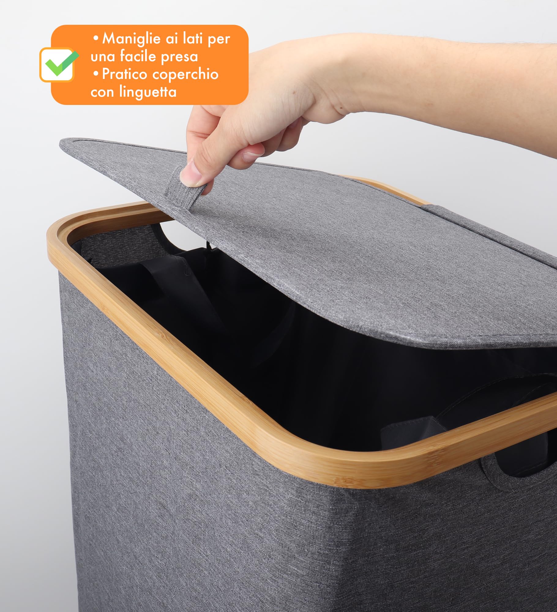 IlGruppone Cesto Portabiancheria con Coperchio Cesta Bucato 100L con Sacco Interno Removibile Tessuto Oxford Manici in bambù Pieghevole Grande Biancheria Sporca - Grigio