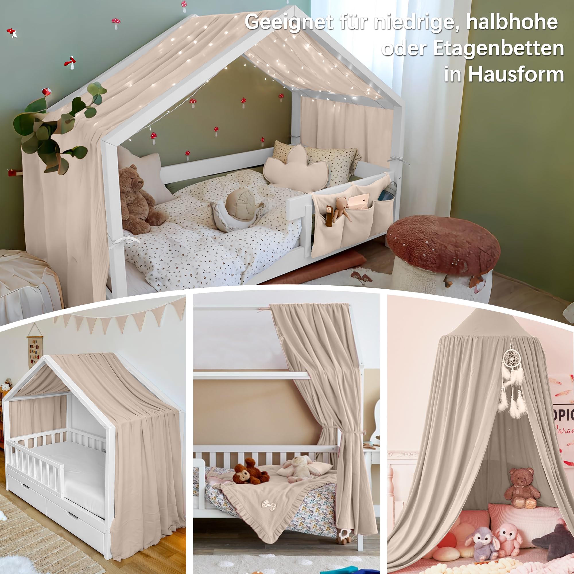 Kit Décoration Lit Maison - 2 Ciels De Lit Mousseline + Guirlande Fanions Gris Clair