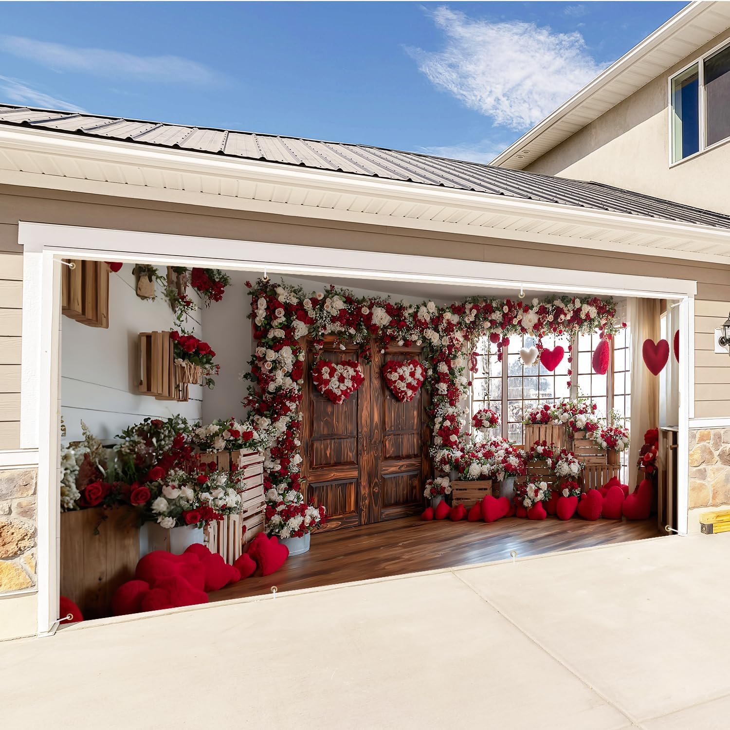 6×13 ft Garage Door Banner – Beautiful Flower Window Wall Mural Cover with Pots and Blossoms, Garden Style Double Garage Door Decoration, Outdoor Front House Décor, Yard, Patio & Seasonal Decorations