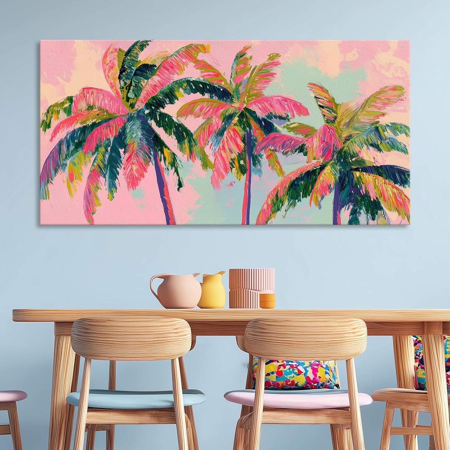 llribbons Palm Tree Canvas Wall Art Coastal Seascape Pictures Tropical Botanical Painting Modern Pink Artwork Prints for Bathroom Beach House Bedroom Living Room Home Office Decor Framed 20" x 40"