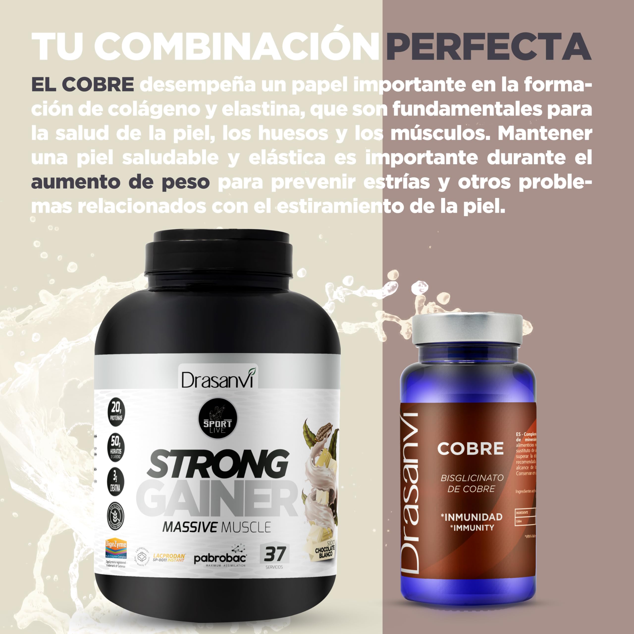 Weight Gainer Sabor Chocolate Blanco 3kg Sport Live Drasanvi Gym Fitness | Combinacion de Proteinas e Hidratos de Carbono para Ayudar a Ganar Peso y Masa Muscular, Facil de Mezclar, Sport Live