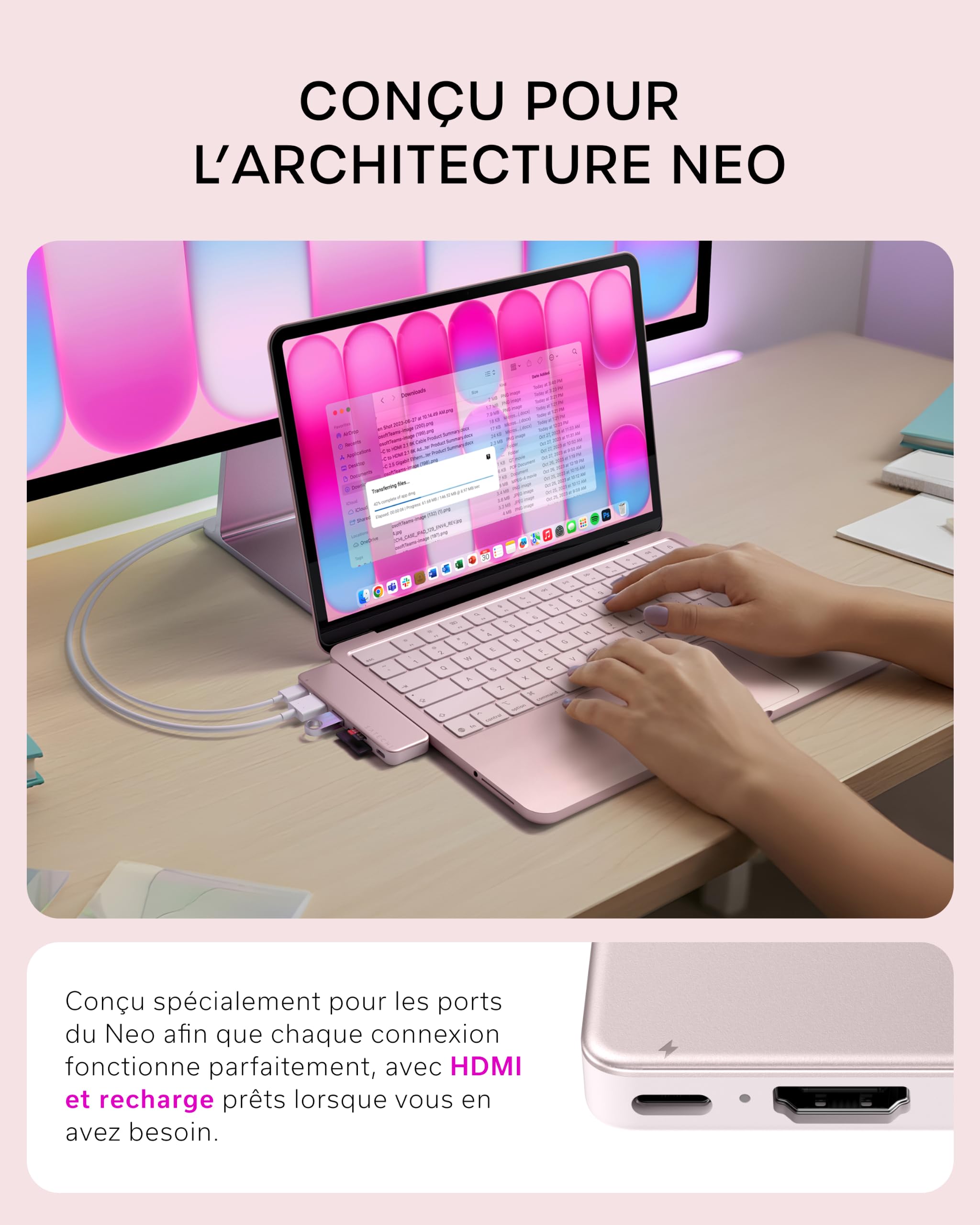 SATECHI Snap Hub USB C 6 en 2 pour MacBook Neo, Charge 45W, Rose Poudré | Conçu pour MacBook Neo avec double connecteur intégré, 4K@60Hz, lecteurs SD/microSD, USB-A et USB-C 5Gbps