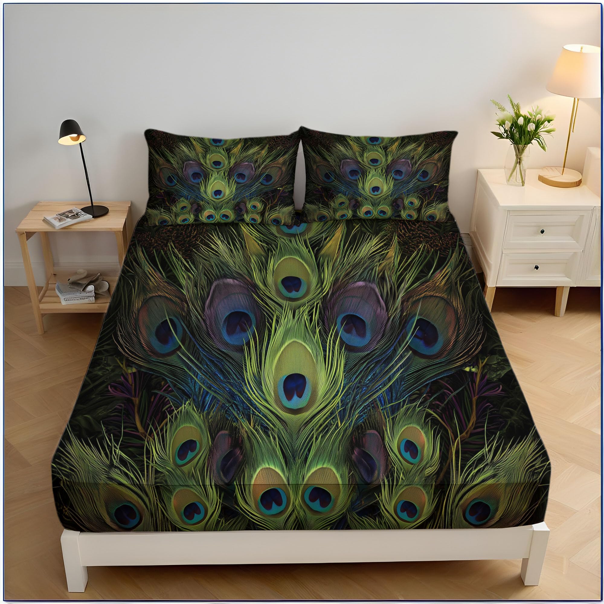 Drap housse 140x200cm en microfibre au motif paon élégant pour grand lit