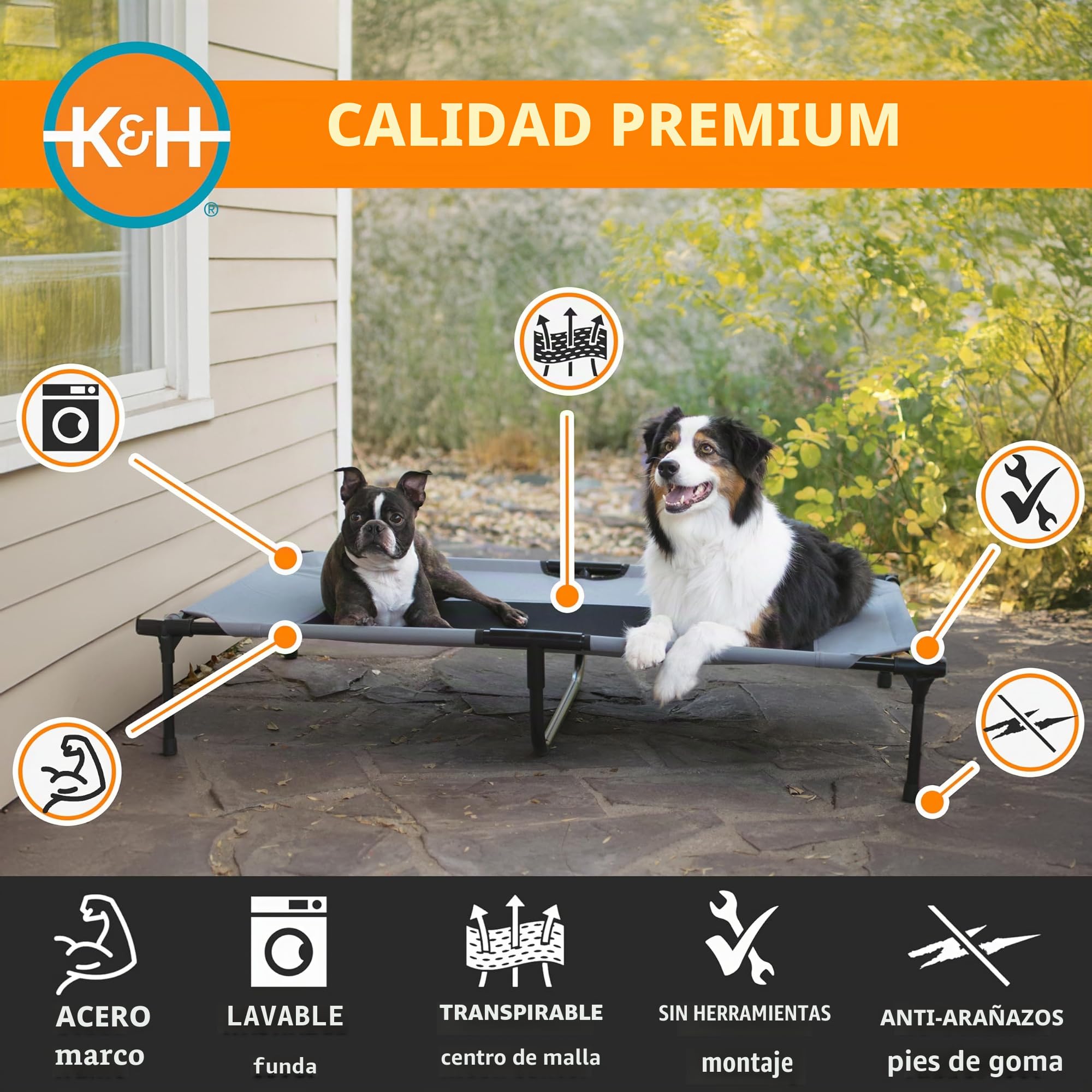 K&H Pet Products - Cama elevada refrescante para Perros con Malla Transpirable Lavable, Patas de Goma Antideslizantes, Cuna portátil para Interiores y Exteriores, Malla Gris/Negra XL