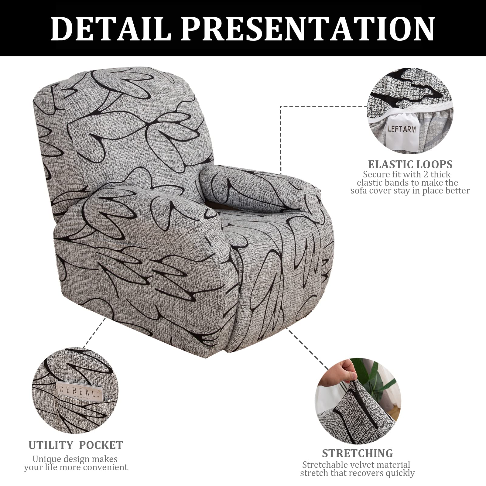 Jaotto Housse Fauteuil Relax 1 Place Extensible Grigio - Protecteur Antidérapant Avec Poche, Tissu Épais Élastique