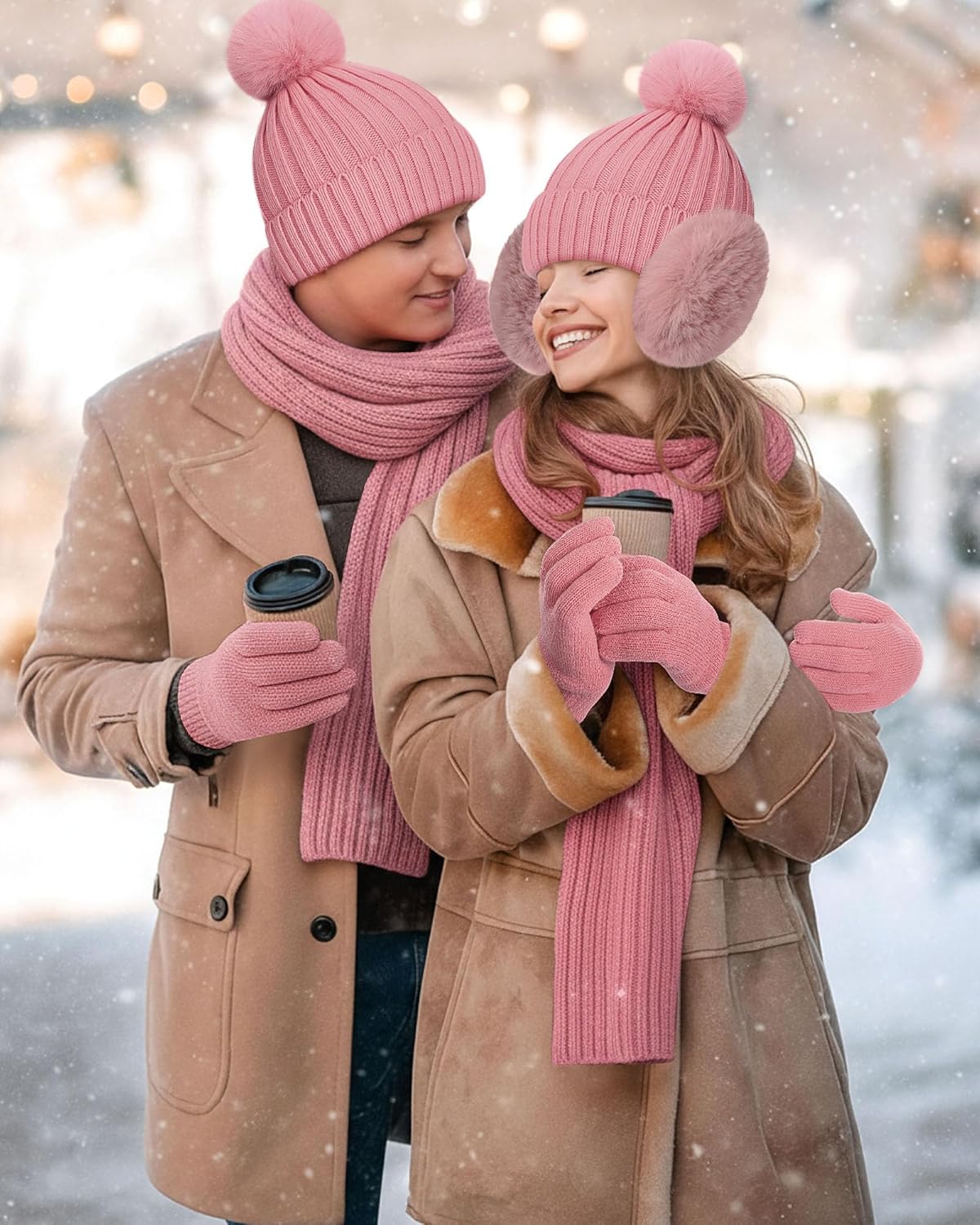 4 Pcs Winter Beanie Hat Scarf Gloves Set Knit Fleece Lined Gloves Ear Muff Knit Hat Long Scarf for Men and Women - Image 6