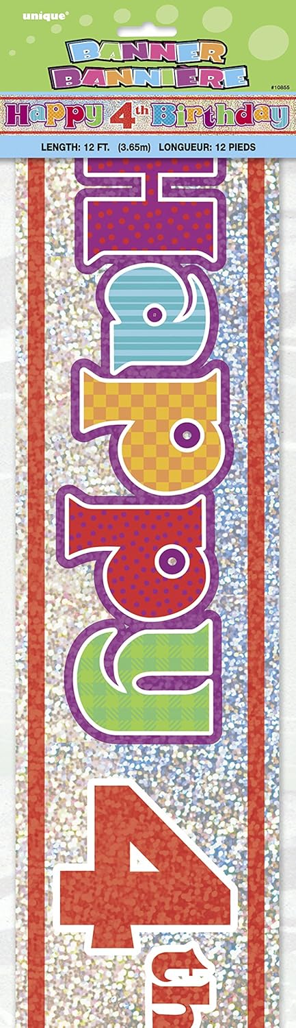 Unique Party 10855-12ft Prism Happy 4th Birthday Banner