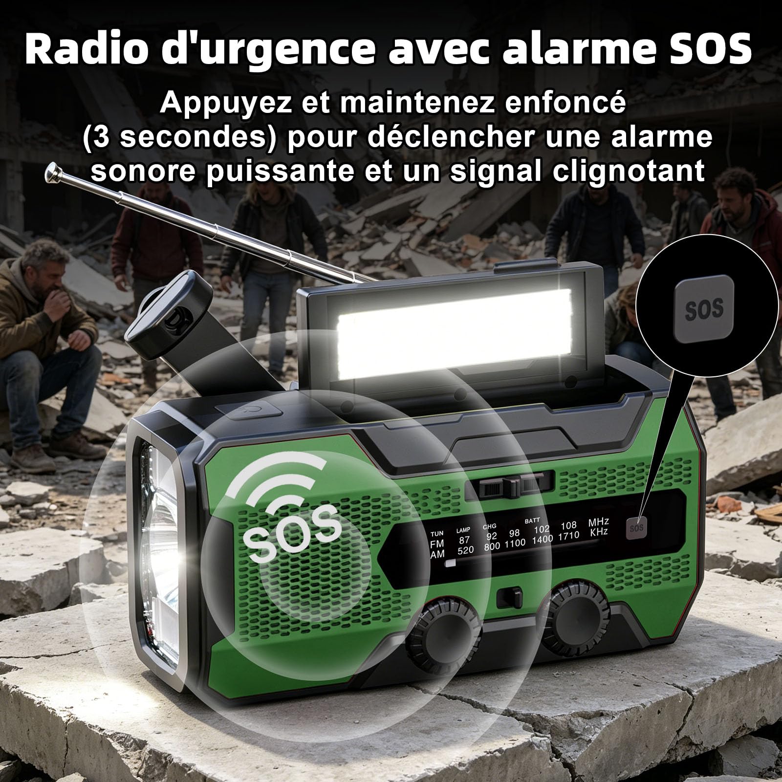 SOLARBABY A1 Radio a manovella, Radio Solare Portatile con 10000mAh Powerbank, AM/FM Radio di Emergenza Solare con Torcia Luce di Lettura Allarme SOS USB per Emergenze Blackout Campeggio, Verde