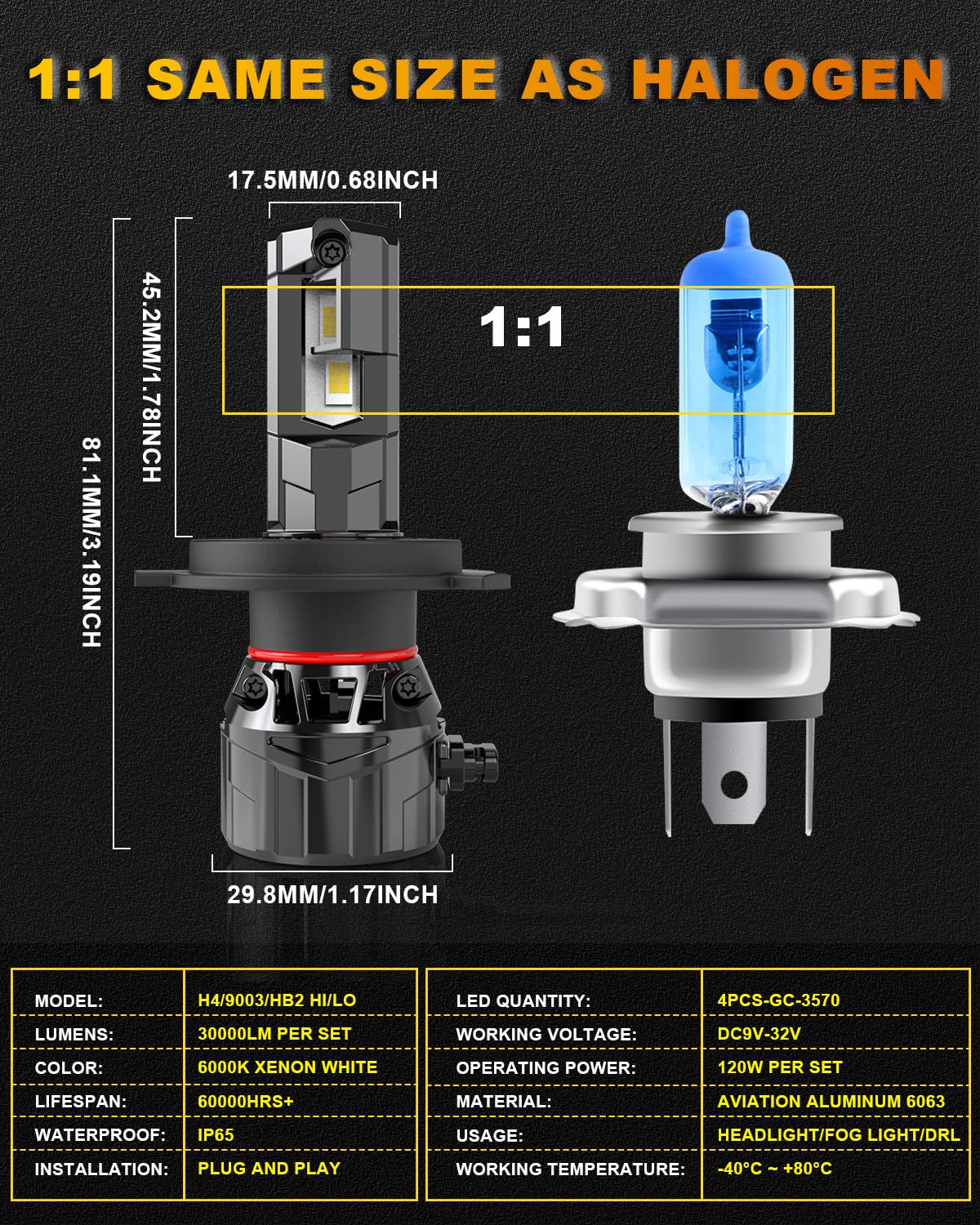 KATUR Lampadine LED H4 per fari, 120 W, 30000 lm, 700% luminosità, 6000 K Xenon bianco, 9003 HB2 Hi/Lo Beam, mini sistema di raffreddamento, confezione da 2