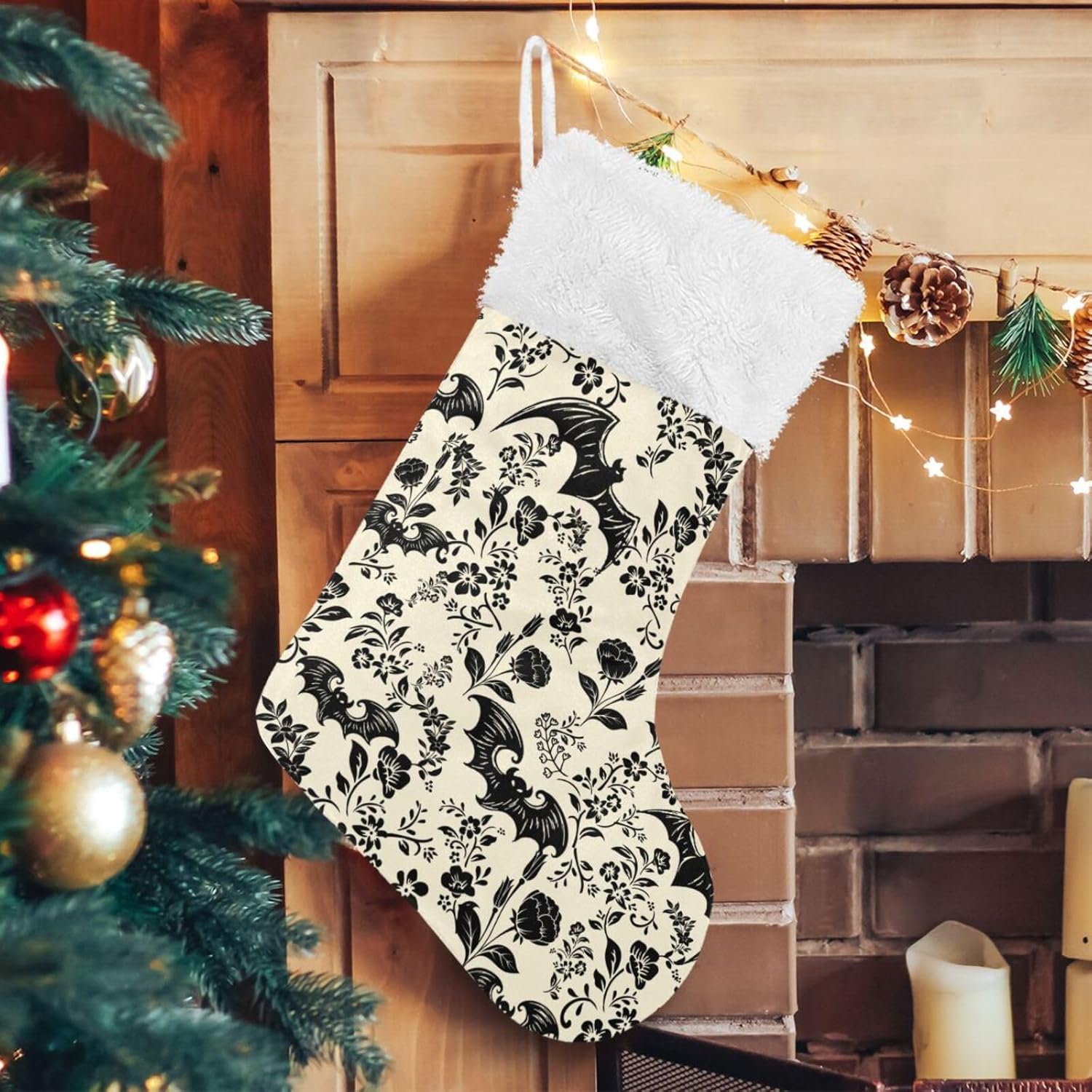 Mint Green Bat Silhouette Christmas Stocking with Plush Cuff