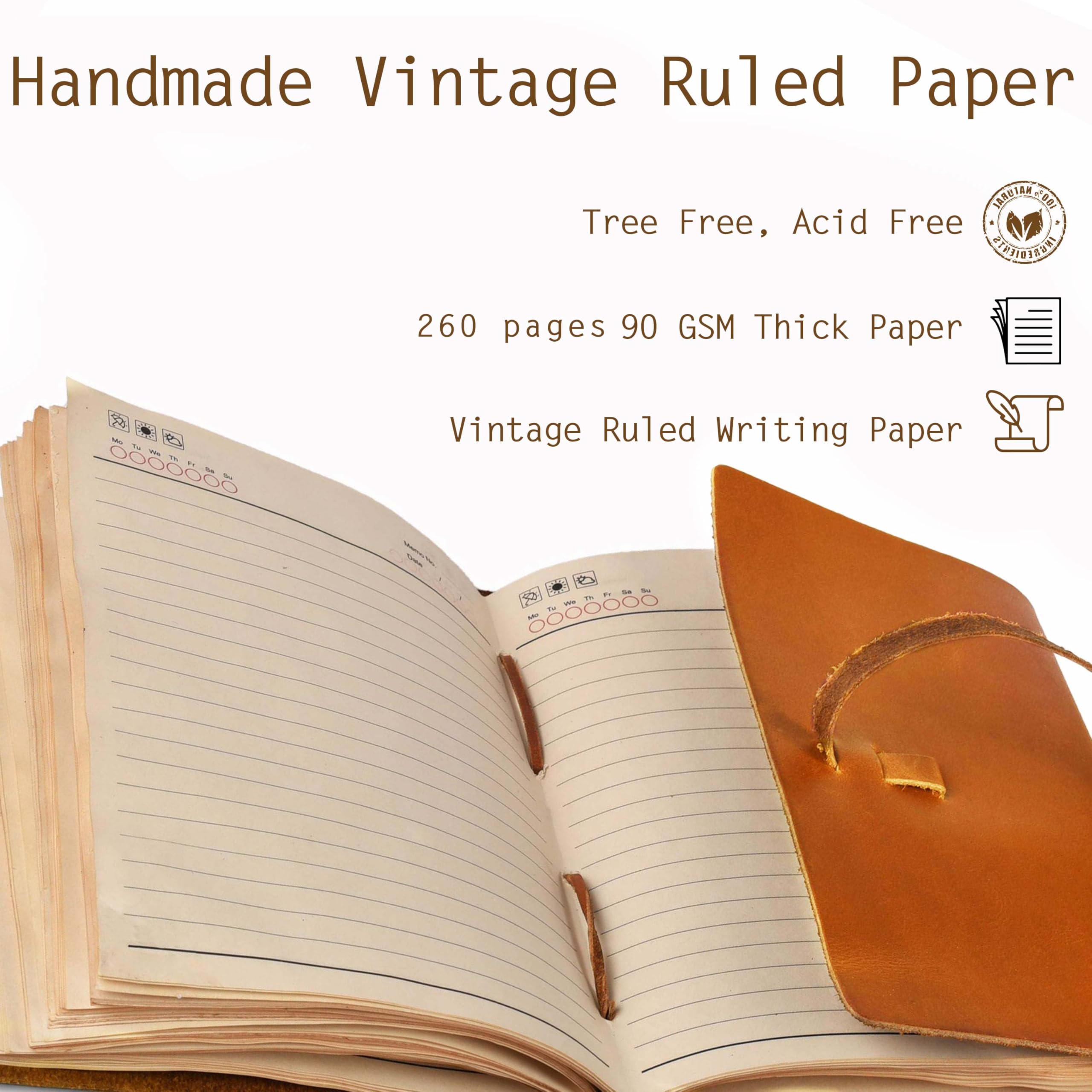 LEATHER VILLAGE Journal ligné avec reliure en cuir et papier - 260 pages - Marron clair - 29,8 x 21,6 cm (A4) - Livre des ombres - Carnet d'écriture, bloc-notes quotidien, journal de voyage pour femme