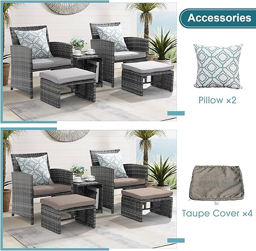 Miniatura 3 de OC Orange-Casual Juego de muebles de patio de 5 piezas, silla de conversación de mimbre para exteriores y juego de otomana con mesa de café,