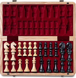 A&APremium Natural European Ash Folding Chess Set, w/ 15" Board & 3" King Height Staunton Chess Pieces, Includes 2 Extra Queens and a Storage Bag