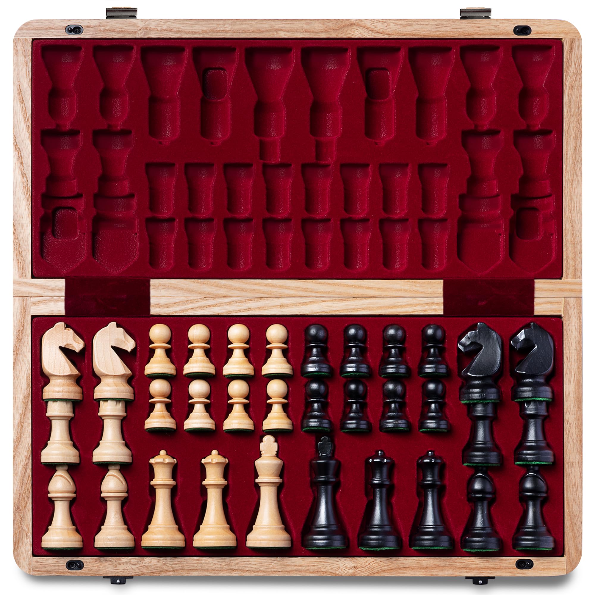 A&APremium Natural European Ash Folding Chess Set, w/ 15" Board & 3" King Height Staunton Chess Pieces, Includes 2 Extra Queens and a Storage Bag