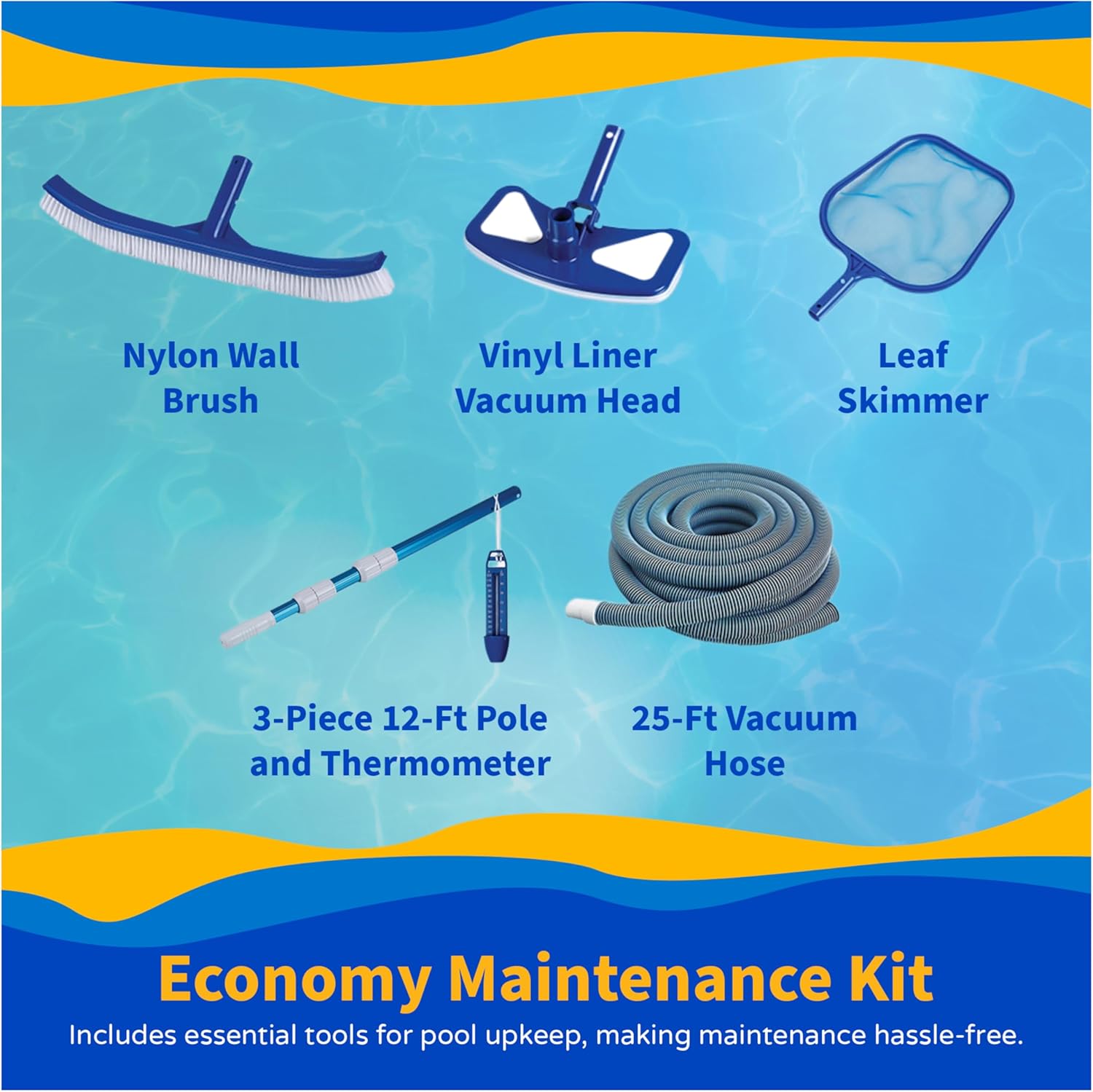 Billede af komponenterne i det økonomiske vedligeholdelsessæt: Nylon vægbørste, vinylforingsstøvsugerhoved, løvskimmer, 3-delt 12 meter stang og termometer samt 25 meter støvsugerslange.