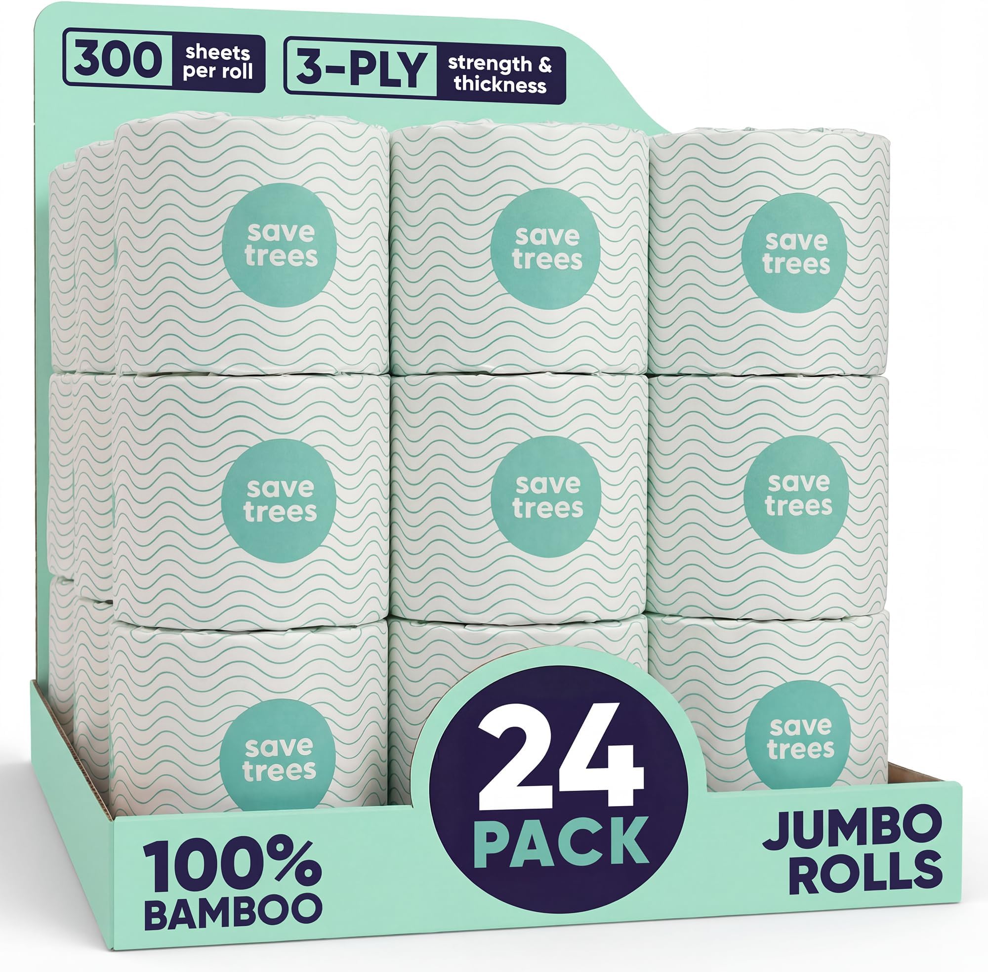Save Trees Bamboo Toilet Paper -24 Rolls Of Septic Safe Organic Toilet Paper 3-ply, 300 Sheets Per Roll - PFAs Free, FSC Certified, Plastic & Chemical Free - For Home, Boat & RV Use