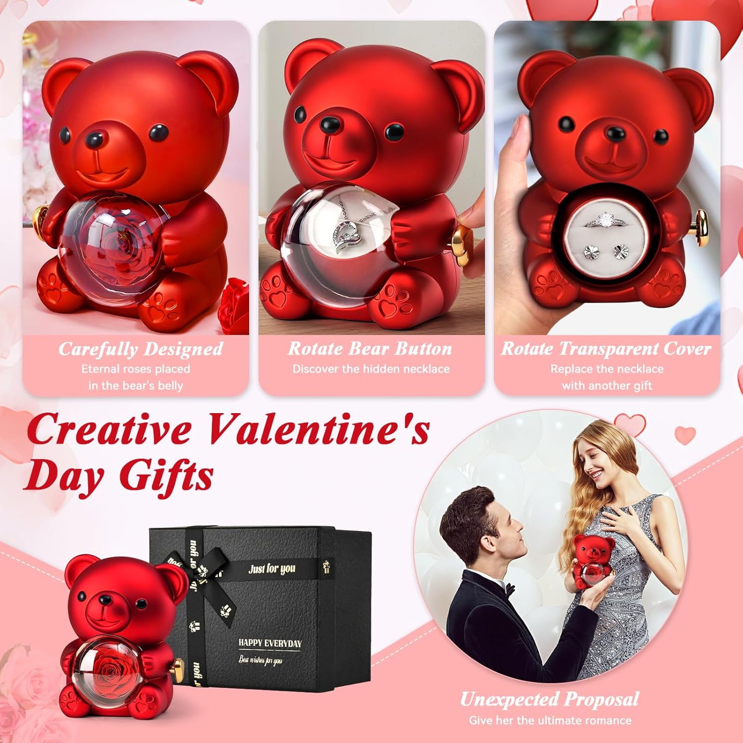 Jibeufi Teddy Bear with Preserved Rose, Flower Forever in Bear with Necklace and Elegant Gift Box for Women, Romantic Bear Roses Gifts for Valentines Mothers Day Anniversary Day Birthday (Red) - Image 4