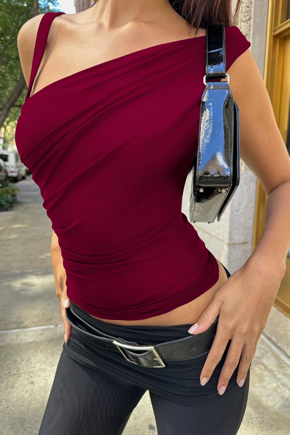 One Off The Shoulder Tops for Women - Sleeveless Mesh Ruched Going Out Crop Tank Top Slim Fit Y2K Shirts - Image 2