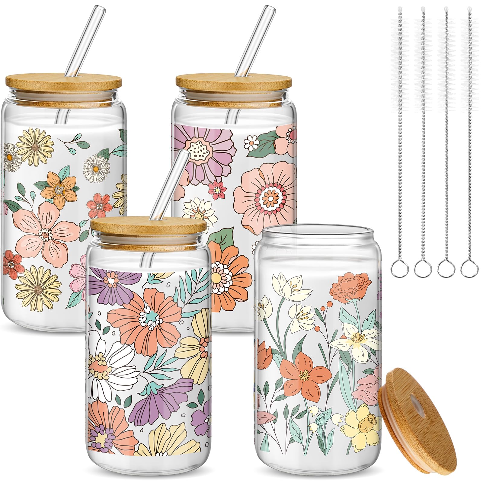 Mumufy 4 Pack Bohemian Flower Glass Cup, 16 oz Tumbler Mug with Bamboo Lid | Flower Iced Coffee Mug, Aesthetic Glass Tumbler, Bridesmaid Gifts, Birthdays, Baby Showers, Coffee Bars, and Party Stations
