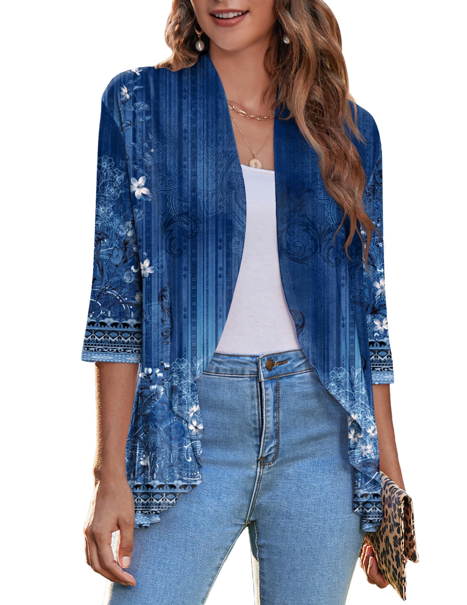 Zeagoo Women's Open Front Cardigan 2026 Spring Summer Lightweight 3/4 Sleeve Draped Ruffles Cardigans S-3XL