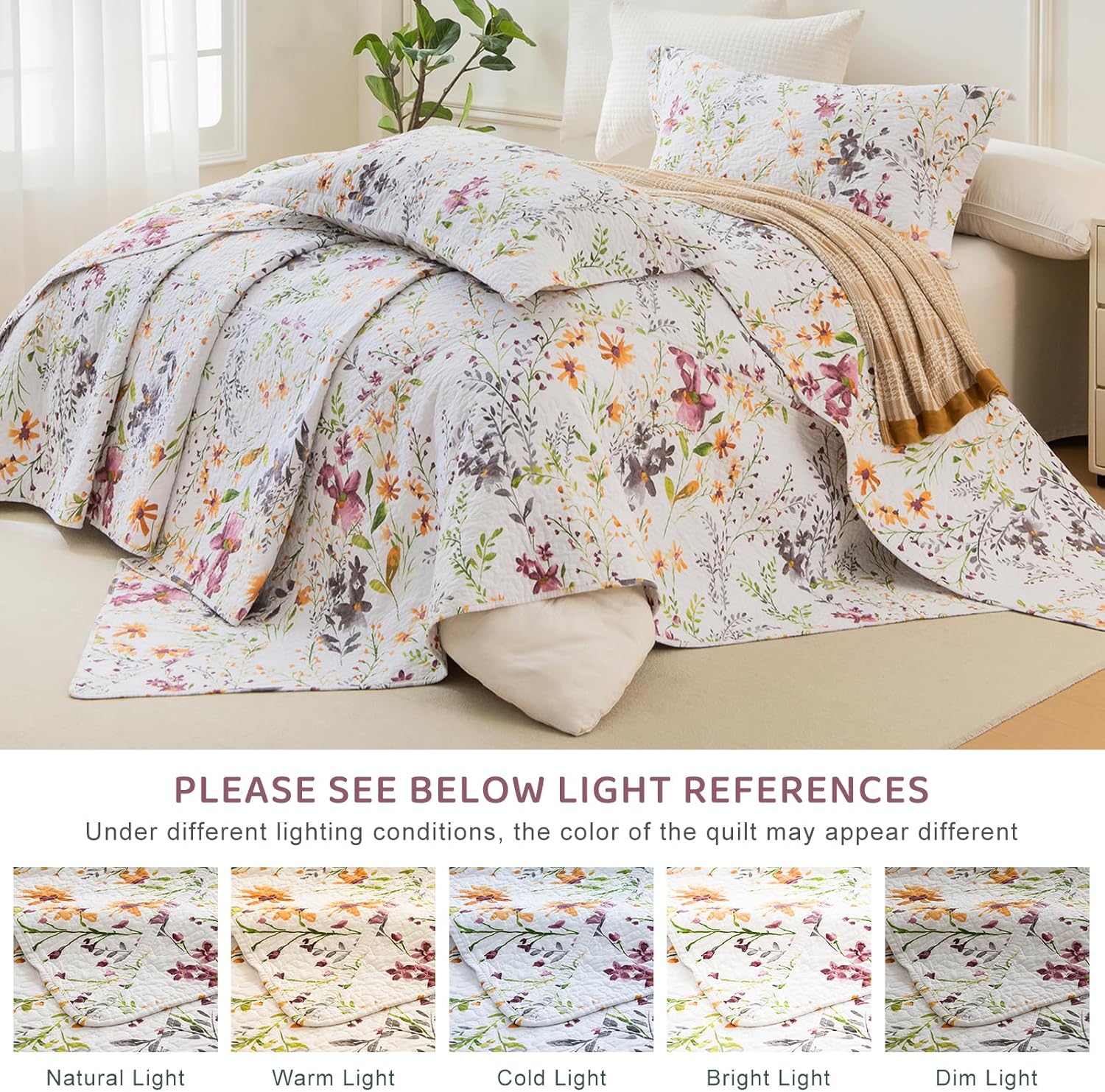 Sanracie Oversized King Bedspread(128"x120"),100% Cotton Floral Quilt Set Extra Wide 3Pcs Lightweight Summer Yellow Wild Flower Botanical Printed Pattern Bedding Coverlet California King Size - Image 7