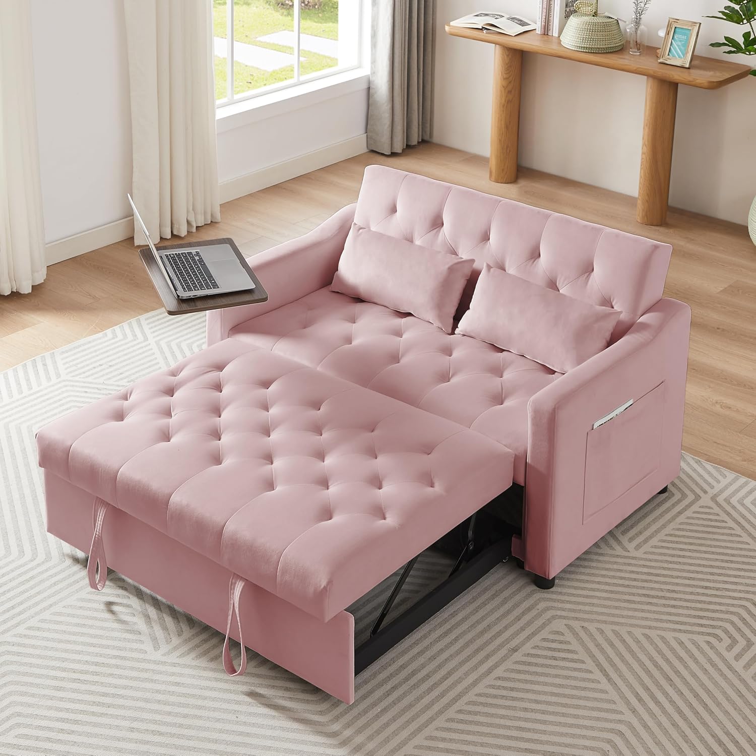hansones 53.15" Convertible Sleeper Sofa Bed with Swivel Table, Adjustable Backrest & Side Pocket, Pull-Out Velvet Loveseat Futon for Small Spaces, Easy Assembly, 3-in-1 Couch Bed for Living Room