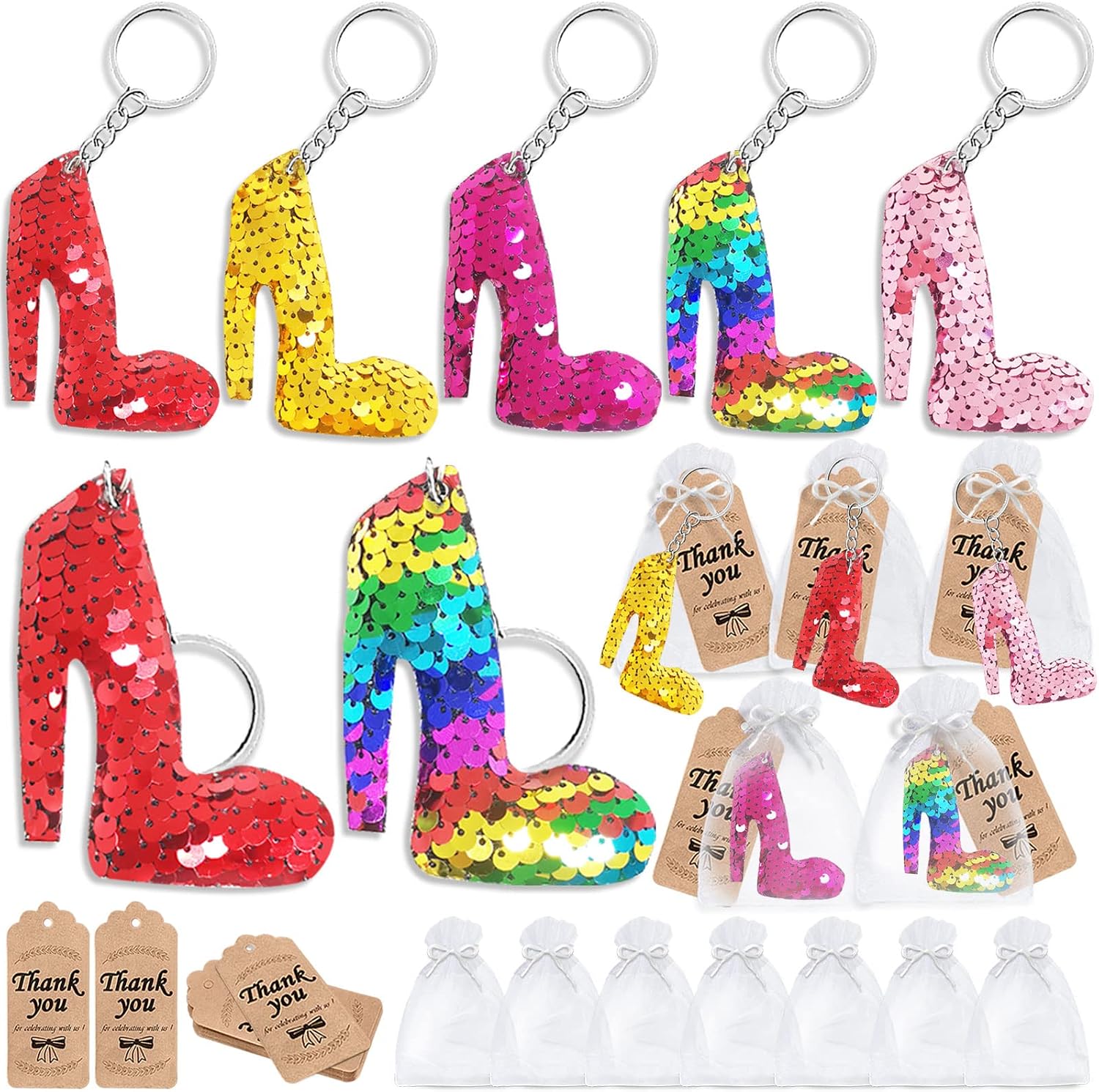 CiciBear 60 Pack Double-deck Crown Sequin Keychain Set with 20 Crown Keychains, 20 Thank You Tags and 20 Gift Bags for Birthday Party Favor, Kids and Adult Birthday, Baby Shower, 5 Colors