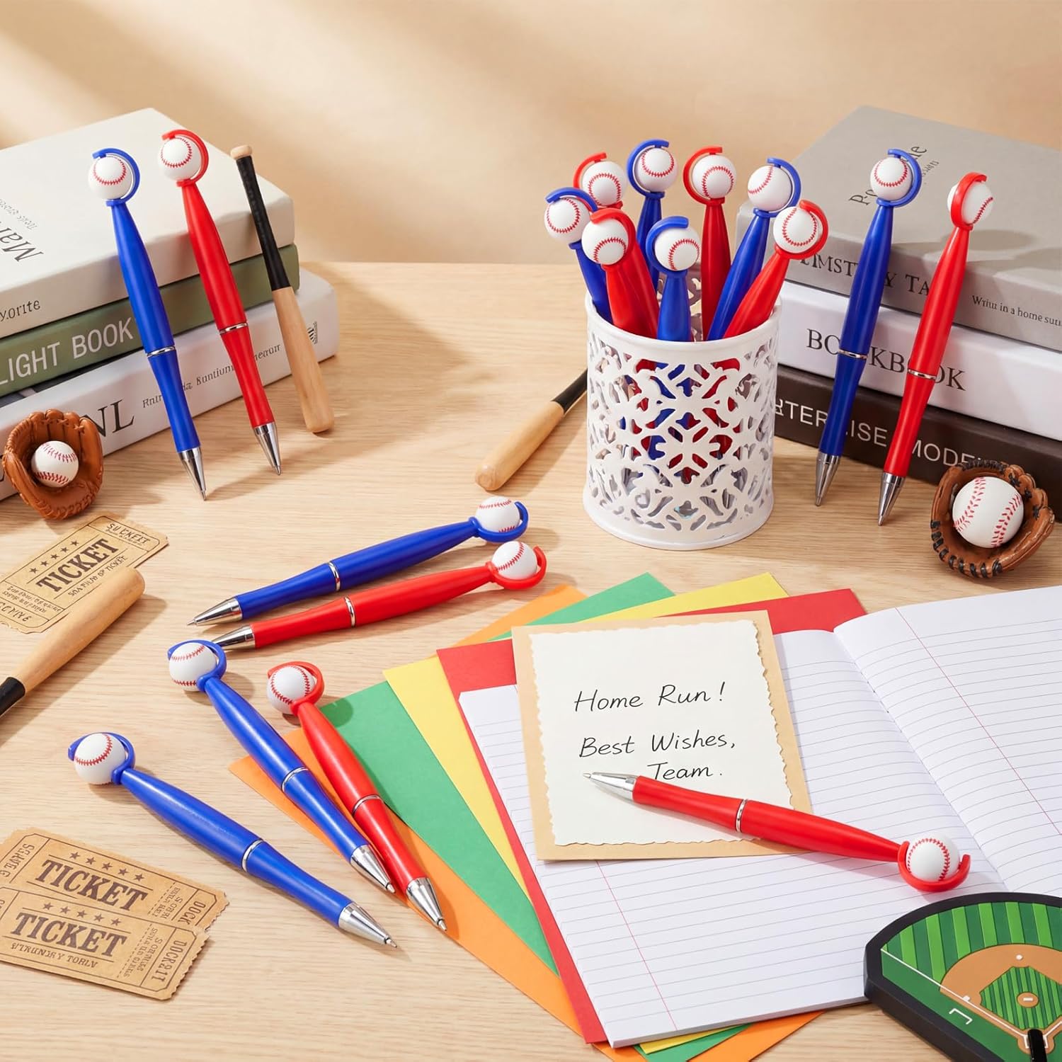 Supervitae 100 Pcs Baseball Party Favor Pens Bulk, Retractable Black Ink Ballpoint Pens with 360° Rotating Ball Design, Novelty Sports Theme Goodie Bag Stuffers for Team Events, Red and Blue