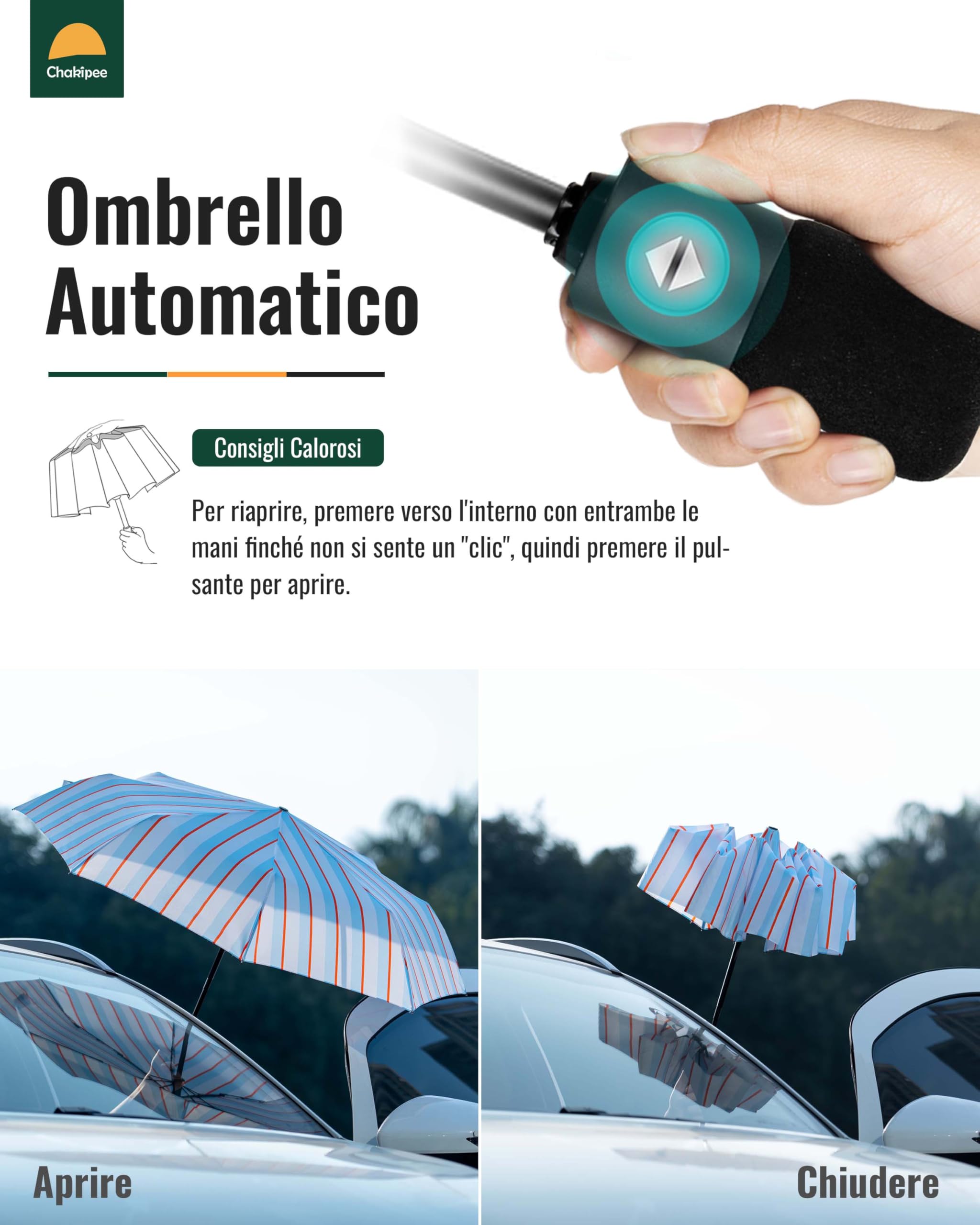 Chakipee Ombrello Pieghevole Pioggia da Viaggio Antivento - Ombrelli Portatile per Uomo Automatico Apri Chiudi, Rivestimento in 210T Apertura 97 cm 8 ossa