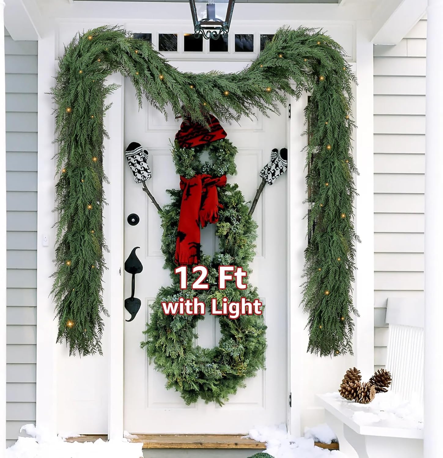 Christmas Cedar Garland Realistic with Lights - Cypress Decorations 12ft for Mantle Lighted Faux Pine Garlands for Xmas Home Decoration Indoor Stairs Railing Fireplace 12 Ft Outdoor Prelit Door Decor 12 Ft 1