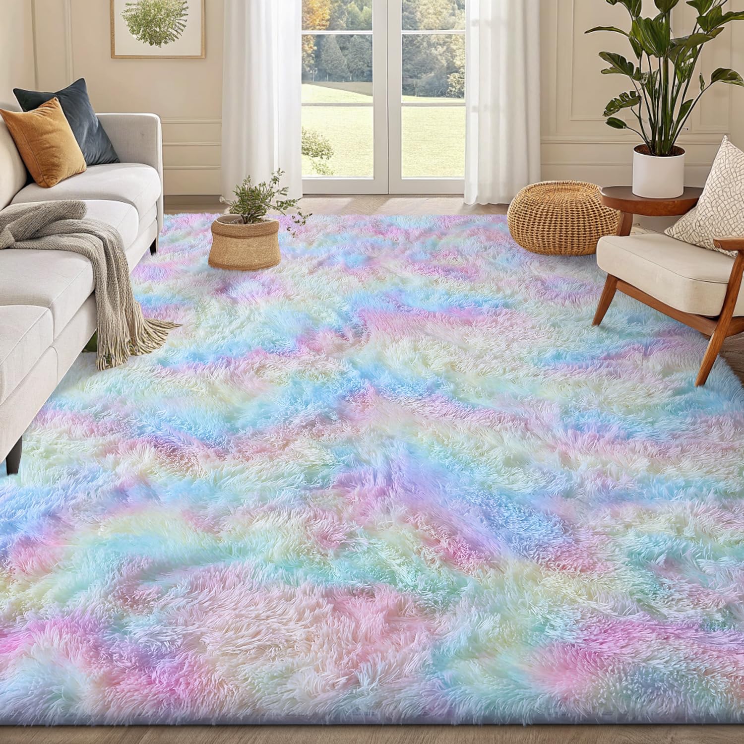 smiry Rugs Living Room 140x200cm, Area Rugs for Bedroom, Machine Washable Anti Slip Soft Fluffy Shaggy Tie-dye Floor Carpet for Kids Girls and Boys, Nursery Room, Rainbow