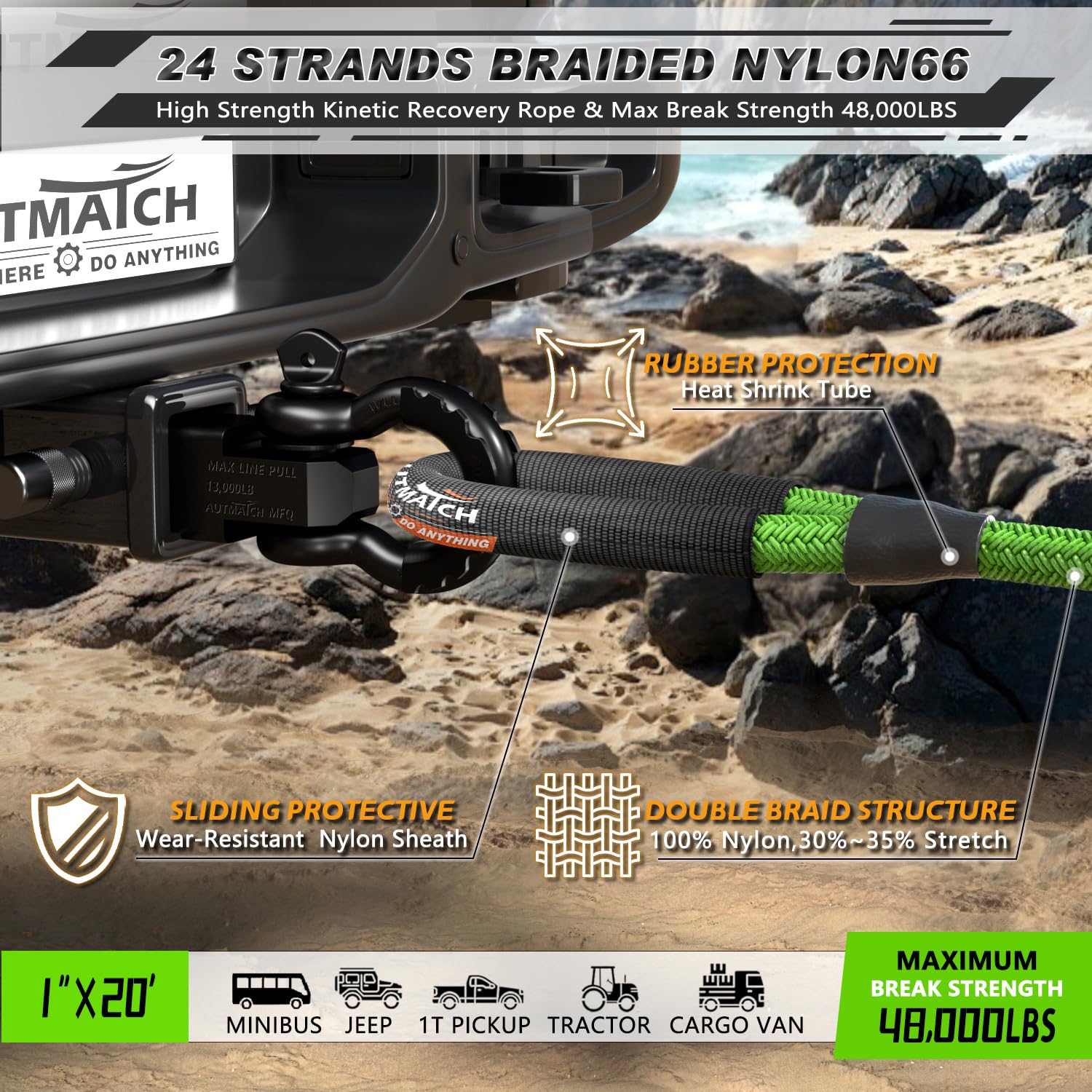 AUTMATCH Kinetic Recovery Abschleppseil, 2,5 cm x 6,1 m, robuster Offroad-Schnappgurt, 21,772 kg, 35 % Elastizität, Energierückgewinnungsseil für Geländewagen, LKW, Anhänger, ATV, UTV, Grün