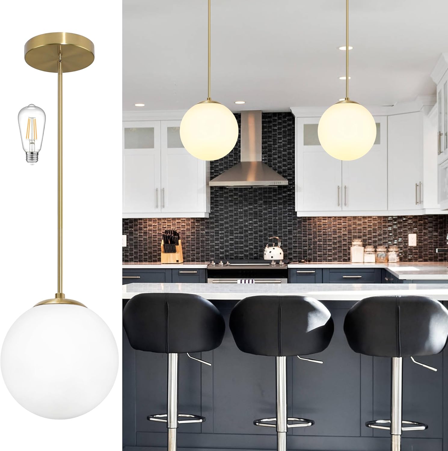 10 Inch Globe Pendant Light Gold Mid Century Pendant Light Contemporary Globe Pendant Lights Adjustable Hanging Light Fixture Milk Glass with Brass Finish for Dining Room Kitchen Island Opal & Brass 10 inch