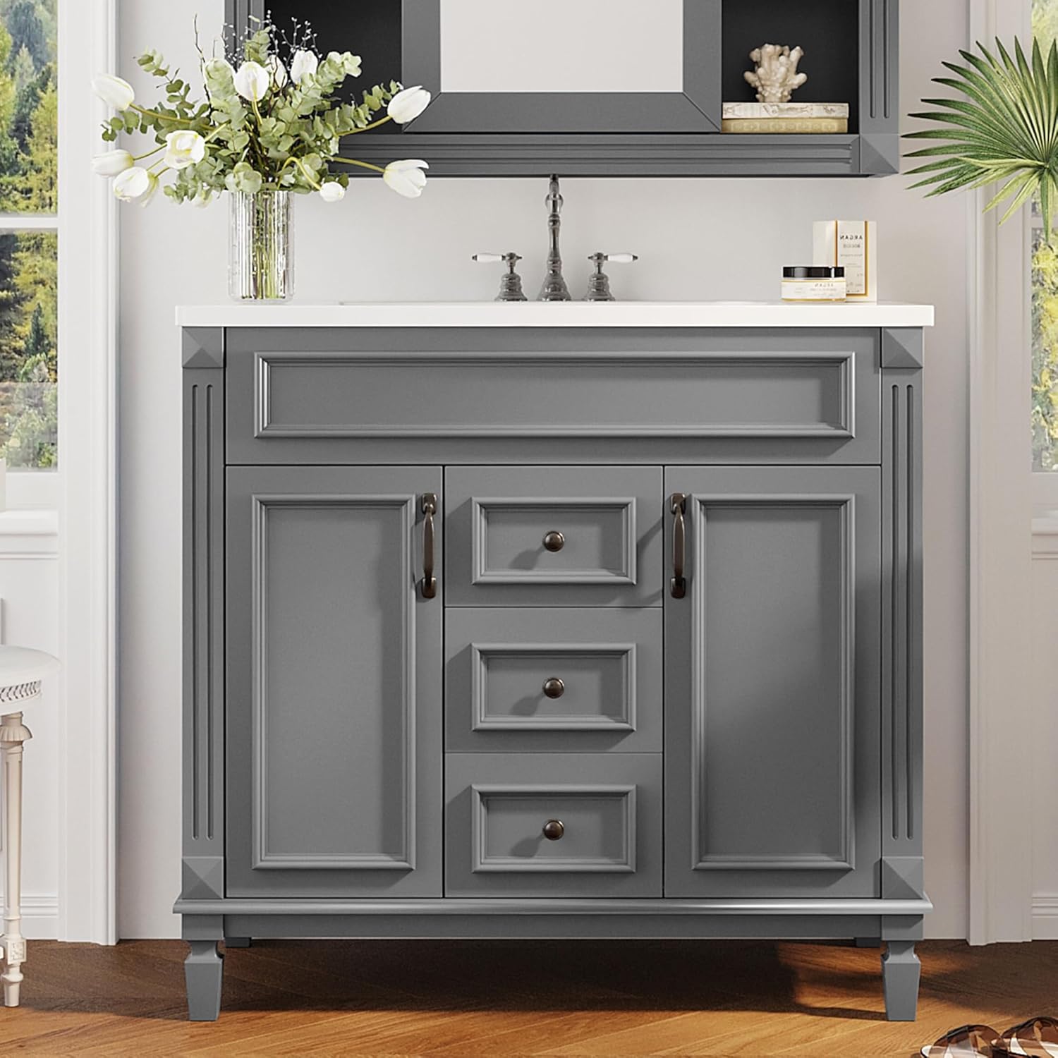 Merax 36" Bathroom Vanity with Sink Combo, Modern Painted Bathroom Cabinet Vanity with 2 Drawers and Storage, Vintage Metal Handle, Ceramic Sink Top, Solid Wood Frame