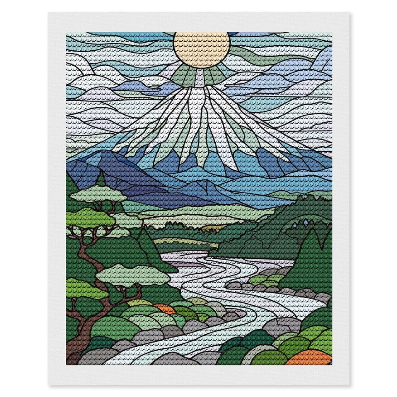 Junmoney Stained Glass Mountain Landscape DIY Diamond Art Canvas Kit 16"x20", Complete Accessories, Creative Leisure Activity, Home Wall Decor, Gift Idea