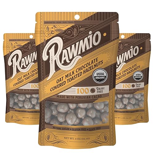 Rawmio Avellanas tostadas cubiertas de chocolate con leche de avena, orgánicas, crudas, veganas, sin gluten, 3 paquetes, 2 onzas.